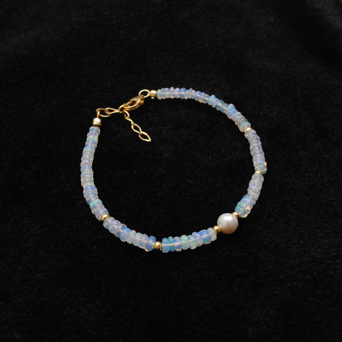 Handmade Ethiopian Opal & Pearl Beaded Bracelet – 925 Sterling Silver 8"