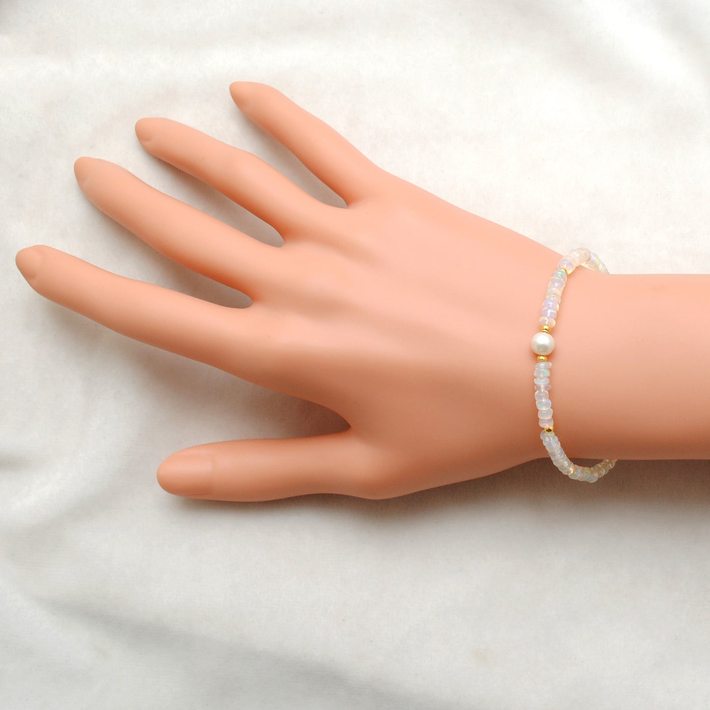Handmade Ethiopian Opal & Pearl Beaded Bracelet – 925 Sterling Silver 8"