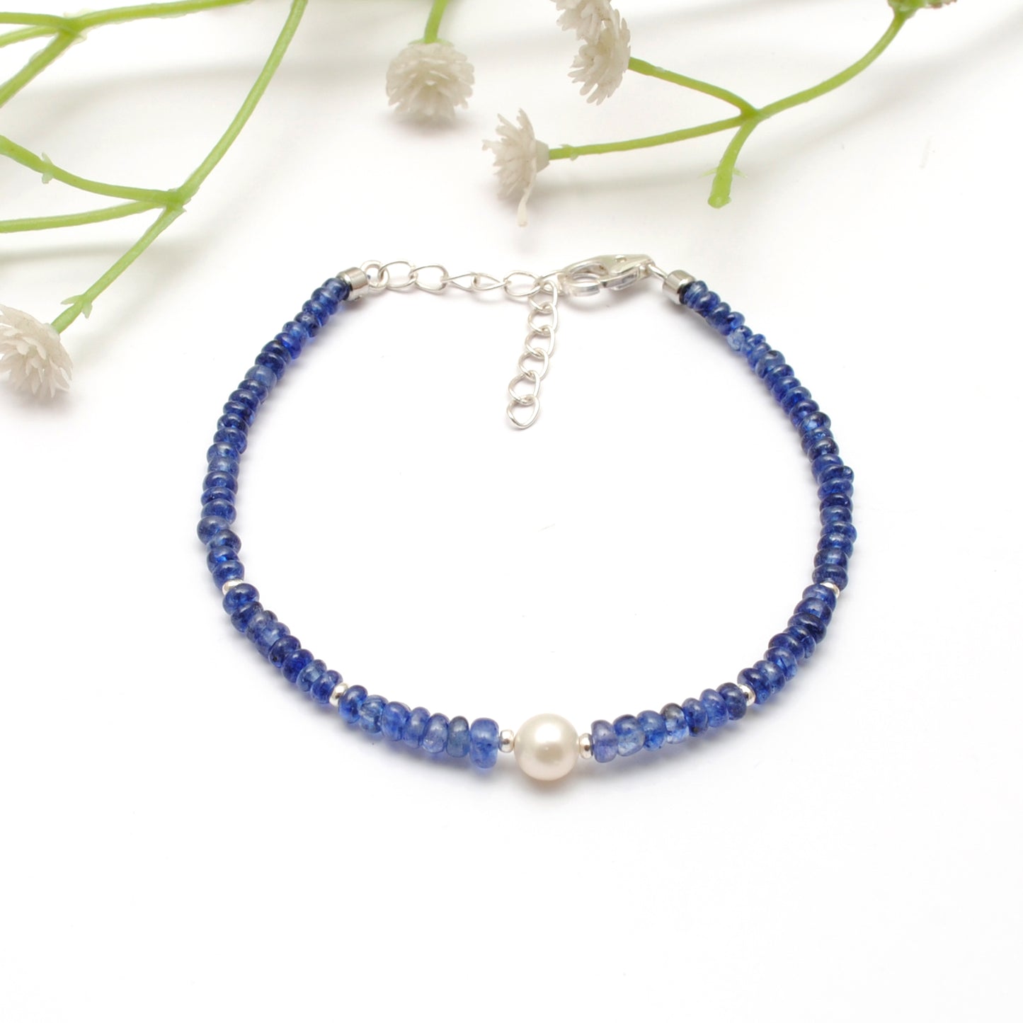 Blue Sapphire & Pearl Bracelet – Natural Gemstone Jewelry, 8 Inch