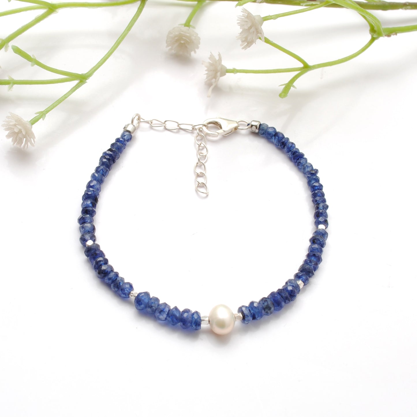 Kyanite & Pearl Beaded Bracelet | 925 Sterling Silver Handmade Gemstone Jewelry