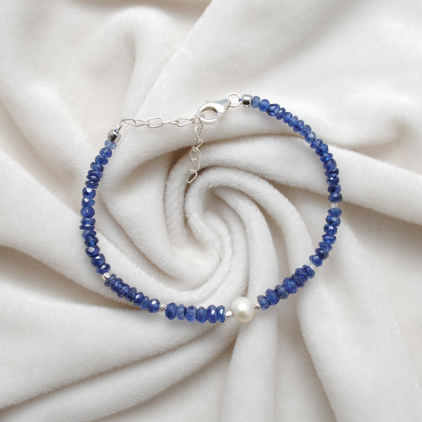 Kyanite & Pearl Beaded Bracelet | 925 Sterling Silver Handmade Gemstone Jewelry