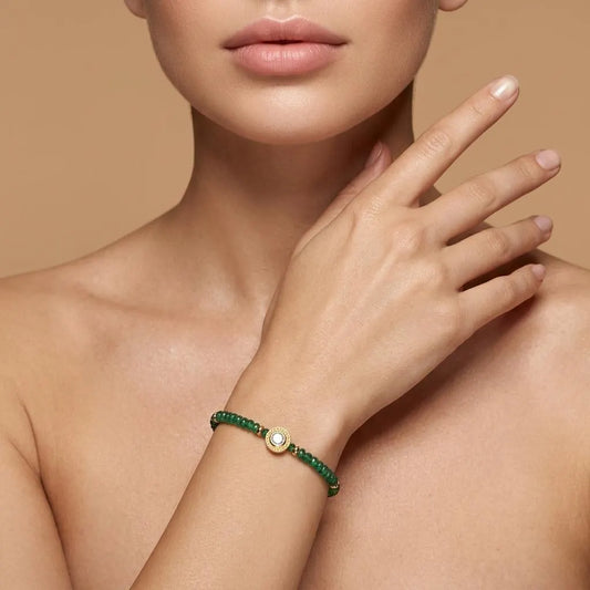 Luxury Emerald Beaded Bracelet with Diamond Charm in Sterling Silver