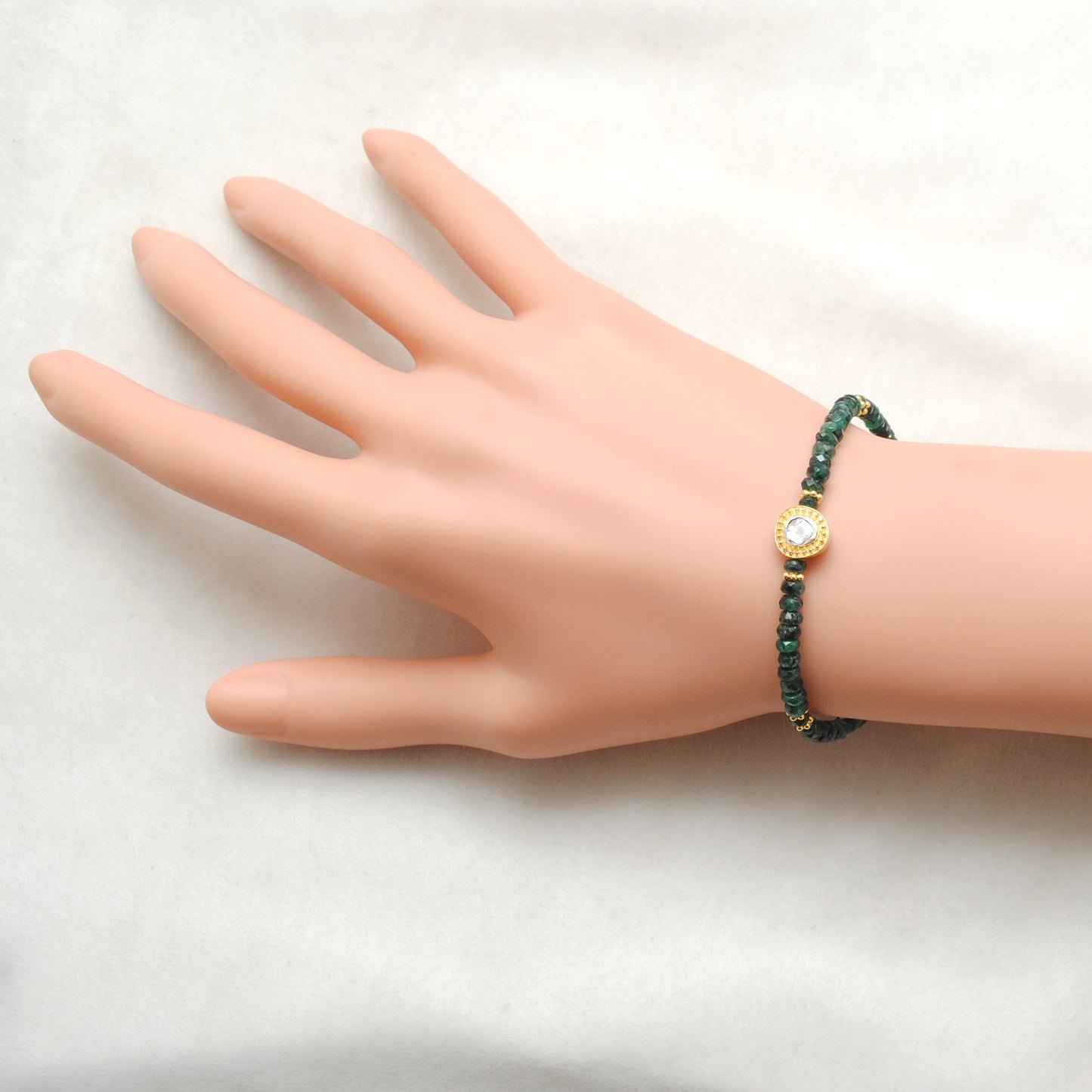 Luxury Emerald Beaded Bracelet with Diamond Charm in Sterling Silver