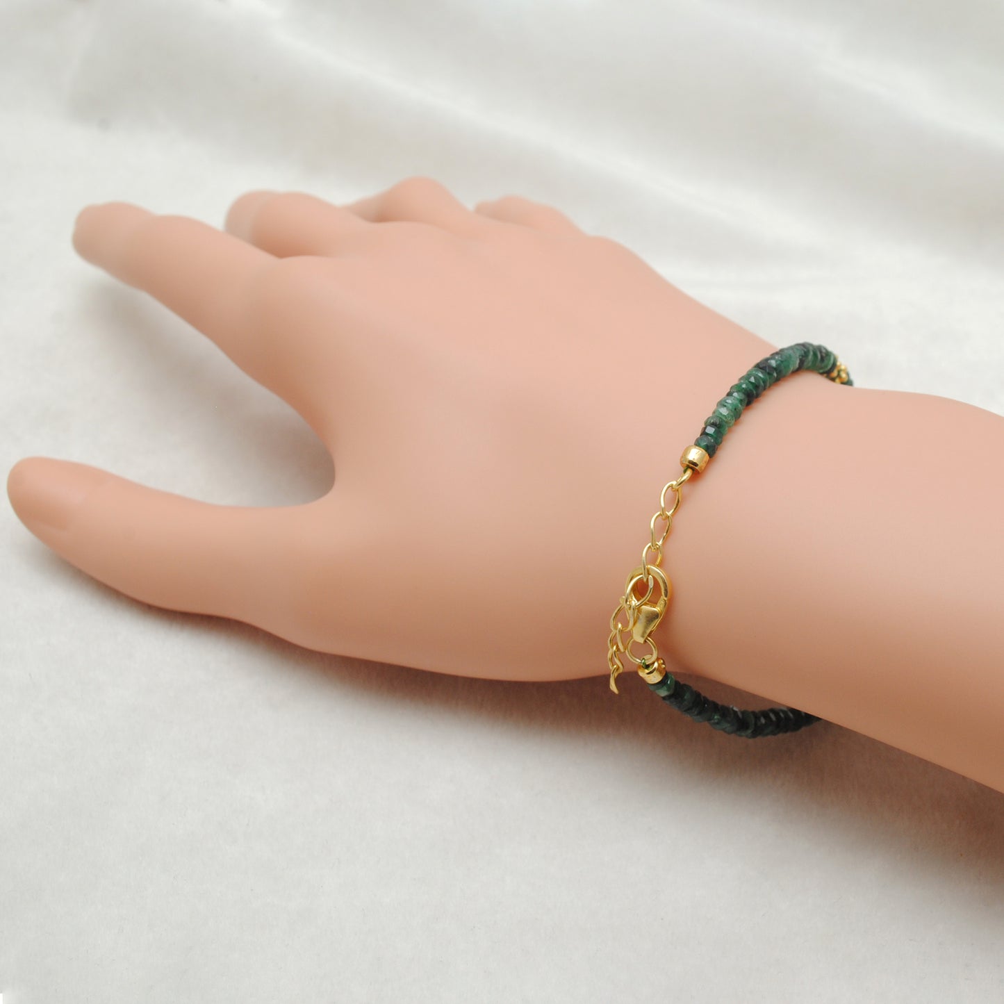 Luxury Emerald Beaded Bracelet with Diamond Charm in Sterling Silver
