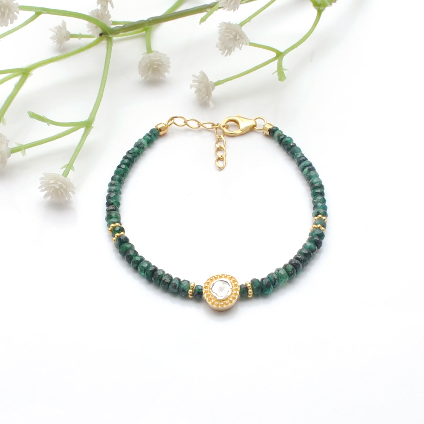 Luxury Emerald Beaded Bracelet with Diamond Charm in Sterling Silver