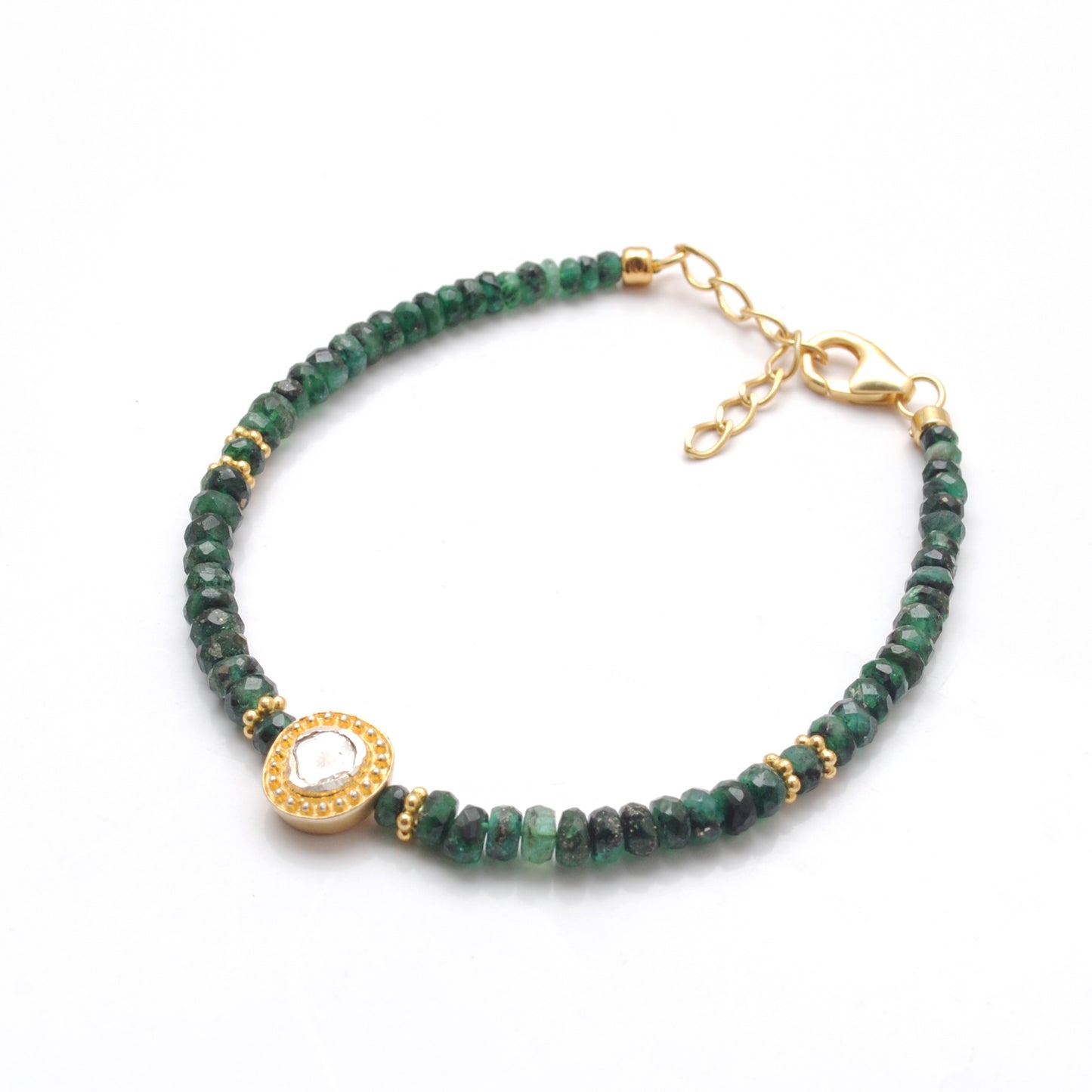 Luxury Emerald Beaded Bracelet with Diamond Charm in Sterling Silver