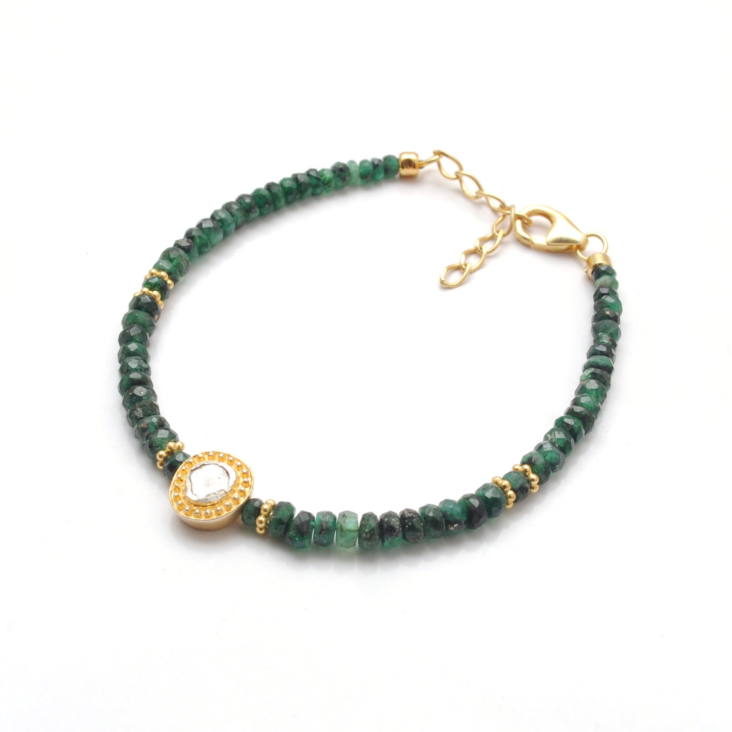 Luxury Emerald Beaded Bracelet with Diamond Charm in Sterling Silver