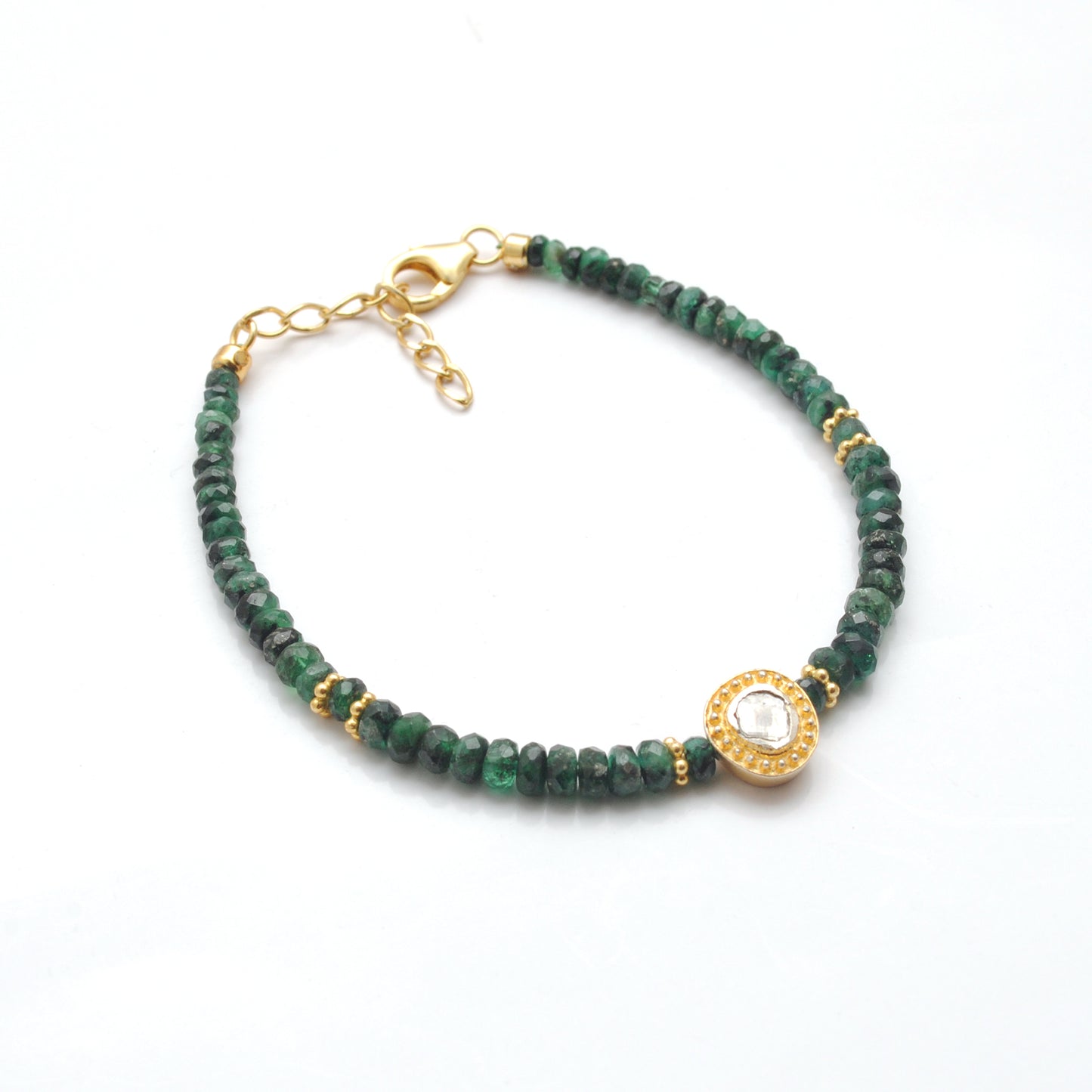 Luxury Emerald Beaded Bracelet with Diamond Charm in Sterling Silver