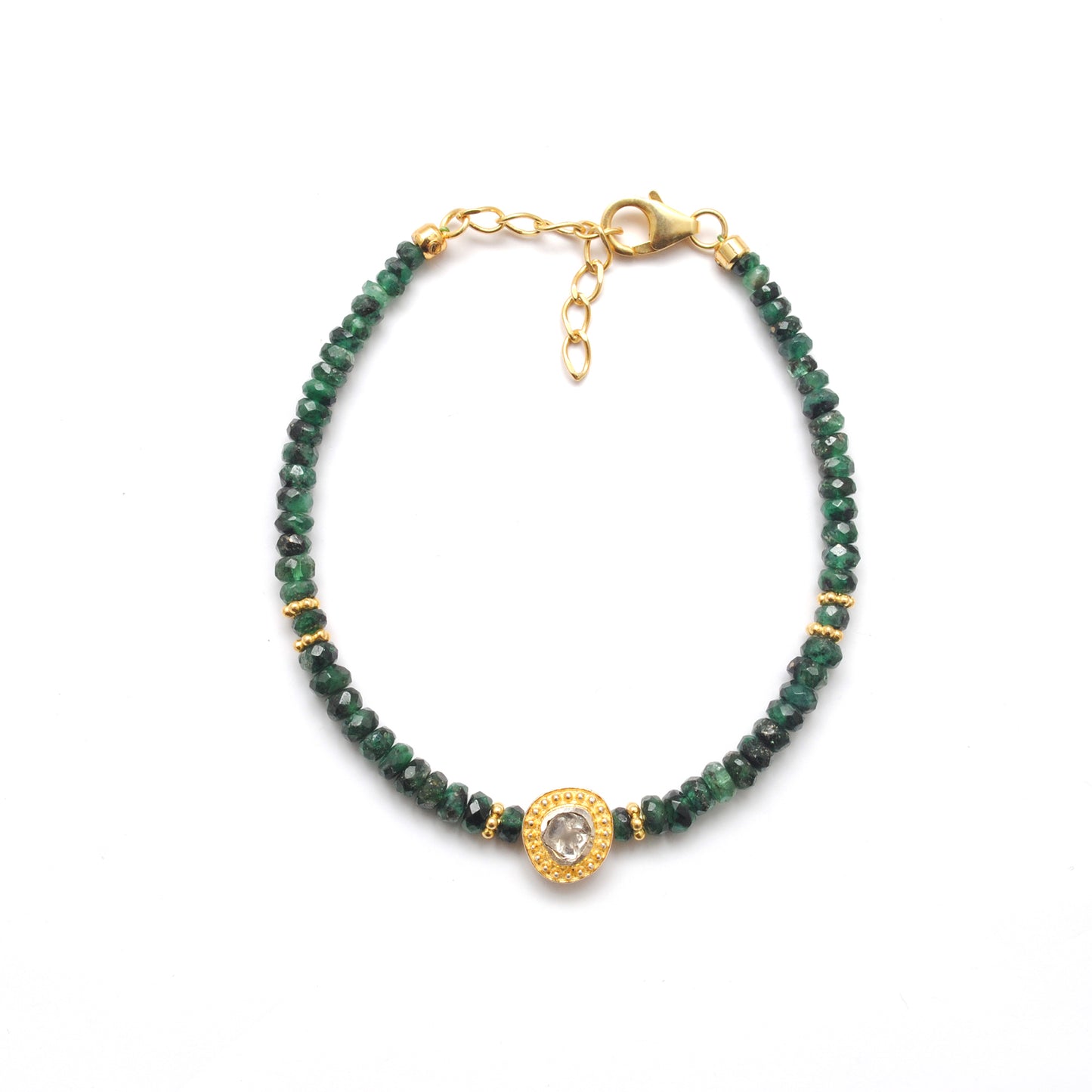 Luxury Emerald Beaded Bracelet with Diamond Charm in Sterling Silver