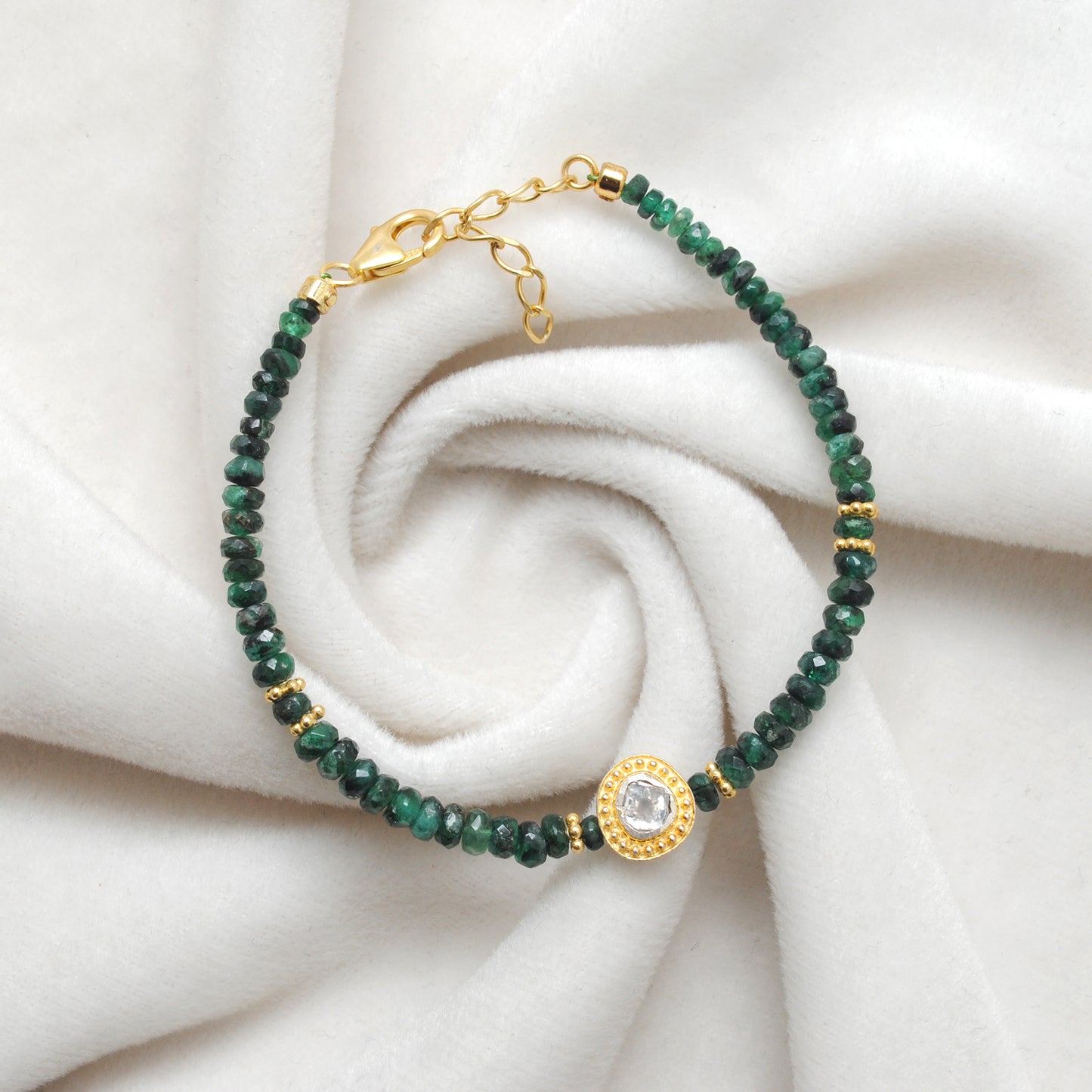 Luxury Emerald Beaded Bracelet with Diamond Charm in Sterling Silver