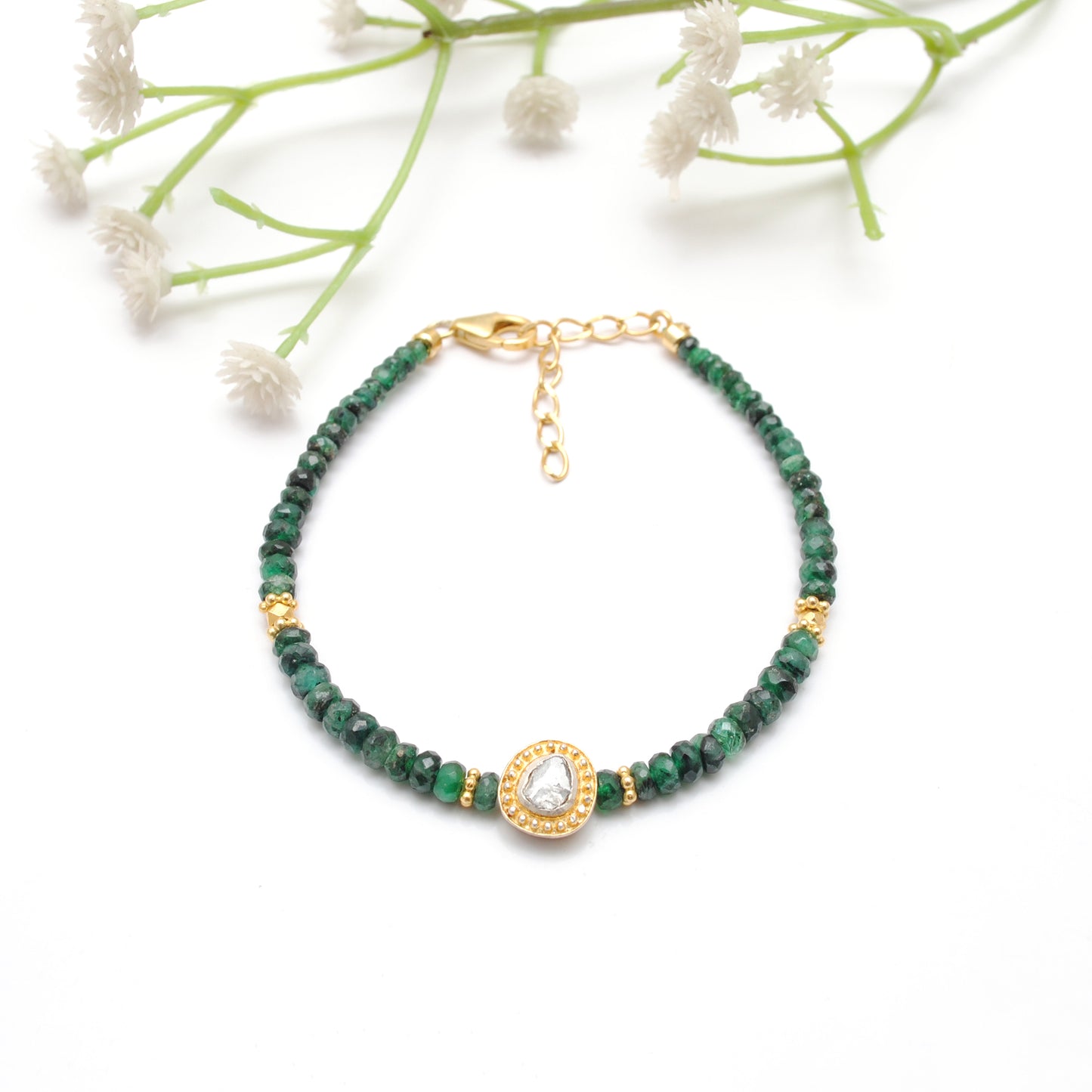 Emerald and Diamond Bead Bracelet – Dainty Faceted Rondelle Gemstone Jewelry