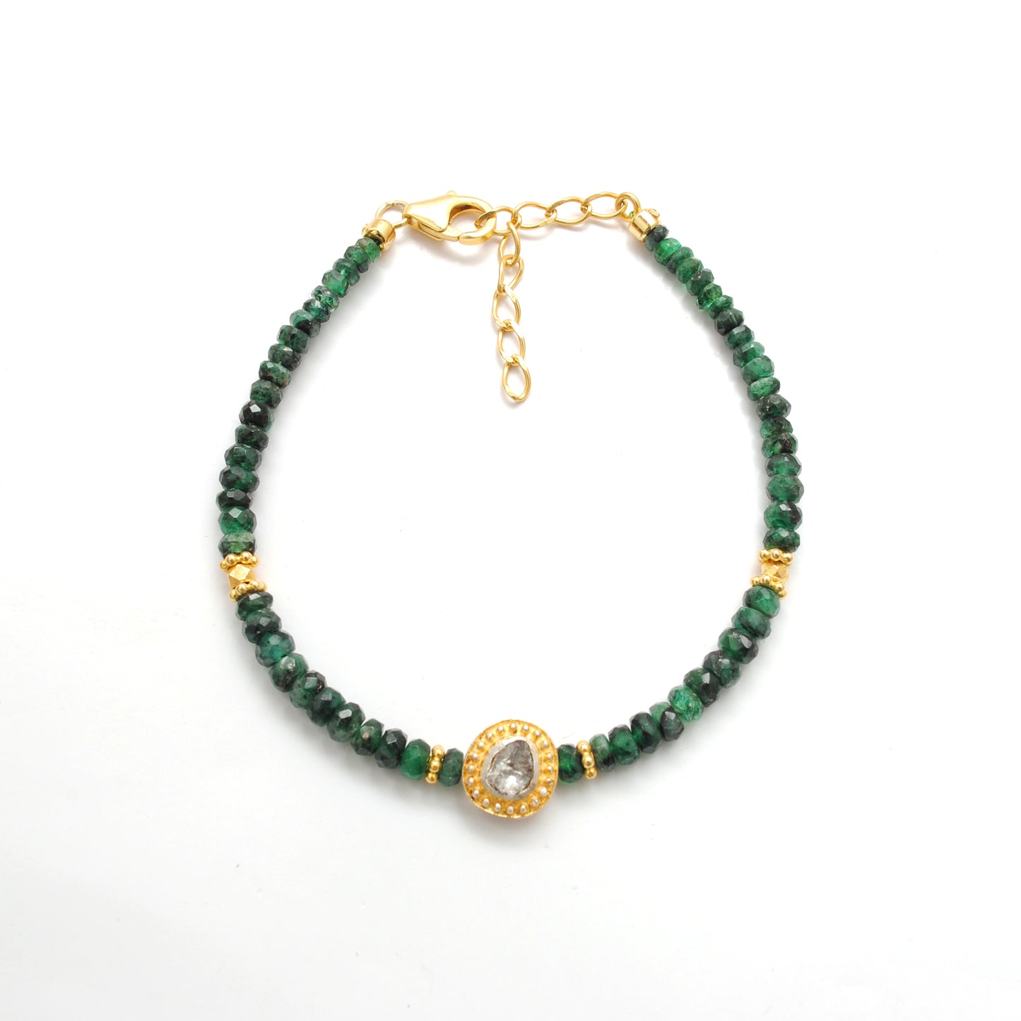 Emerald and Diamond Bead Bracelet – Dainty Faceted Rondelle Gemstone Jewelry