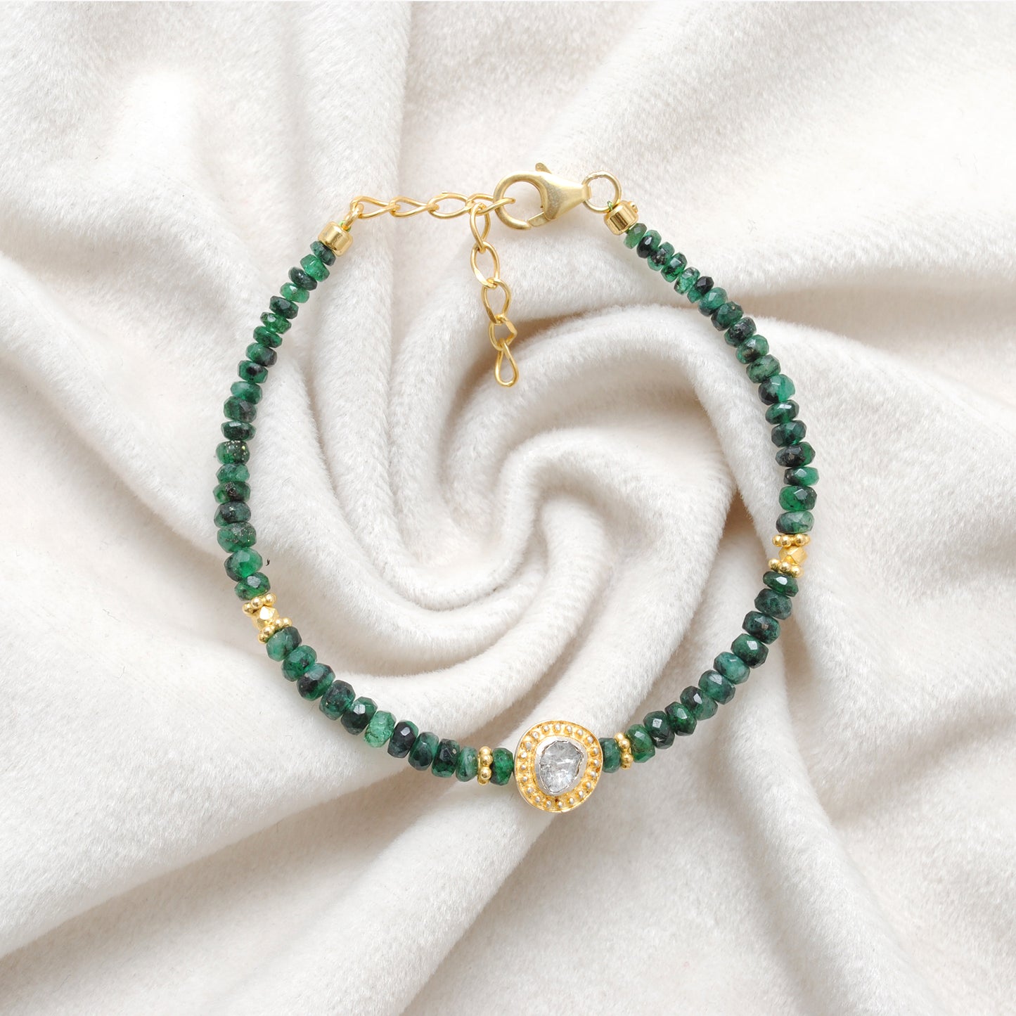 Emerald and Diamond Bead Bracelet – Dainty Faceted Rondelle Gemstone Jewelry