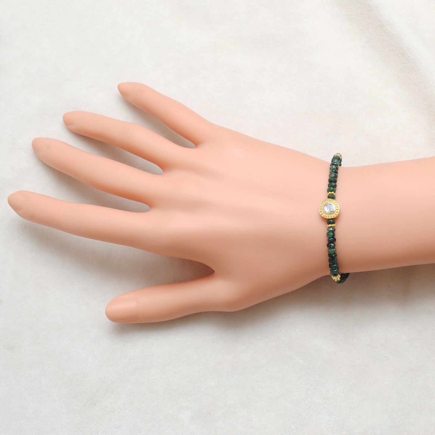 Emerald and Diamond Bead Bracelet – Dainty Faceted Rondelle Gemstone Jewelry