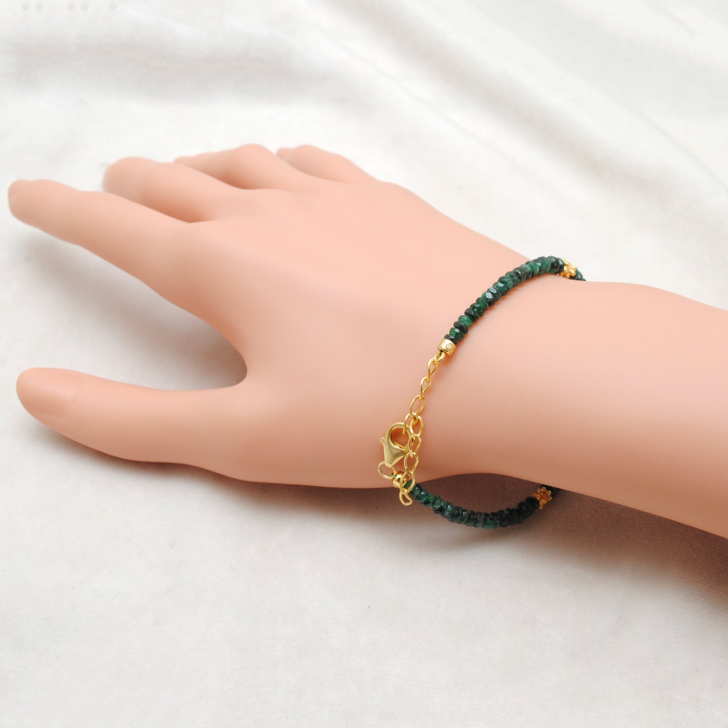 Emerald and Diamond Bead Bracelet – Dainty Faceted Rondelle Gemstone Jewelry