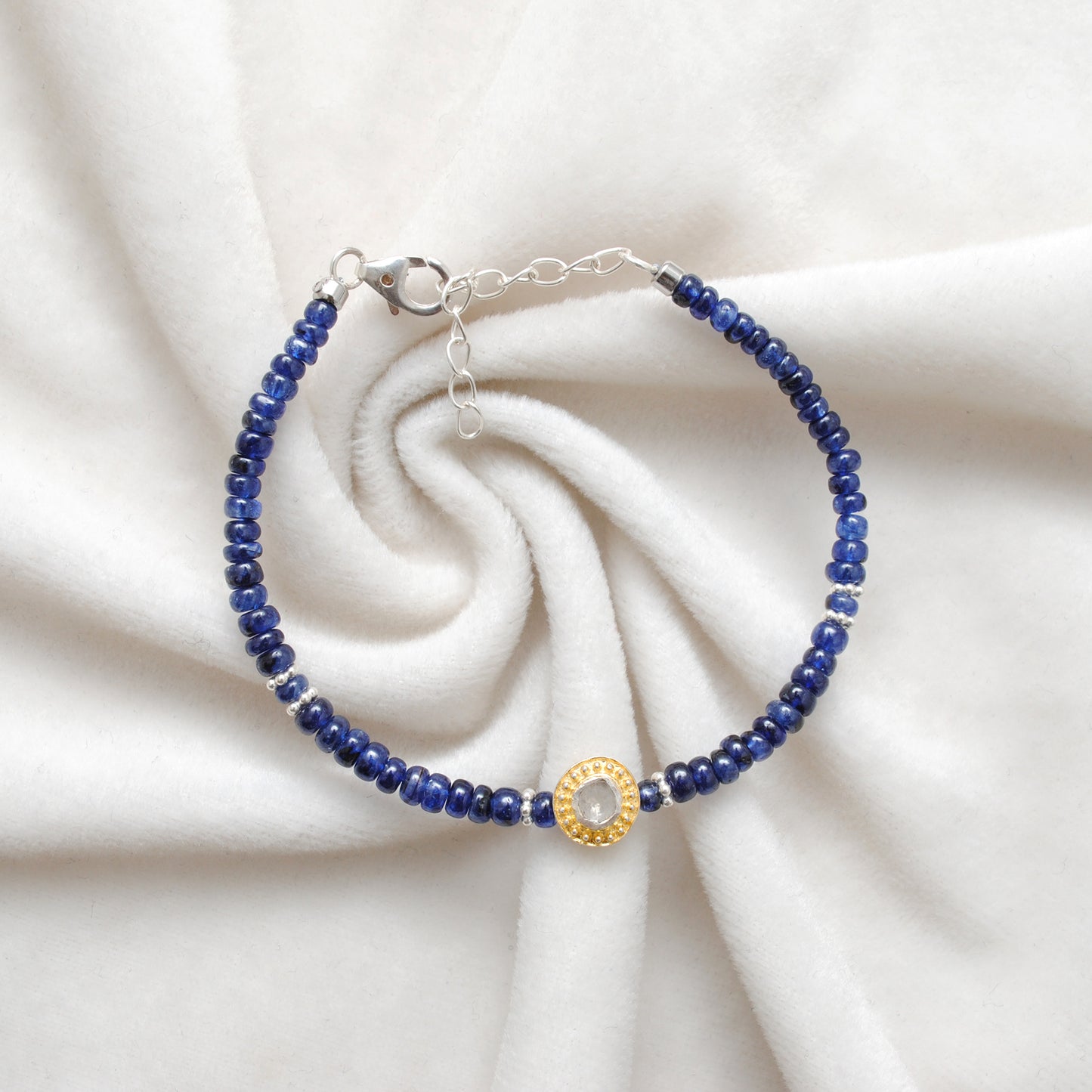 4mm Blue Sapphire and Diamond Bead Bracelet – Handmade Sterling Silver Jewelry