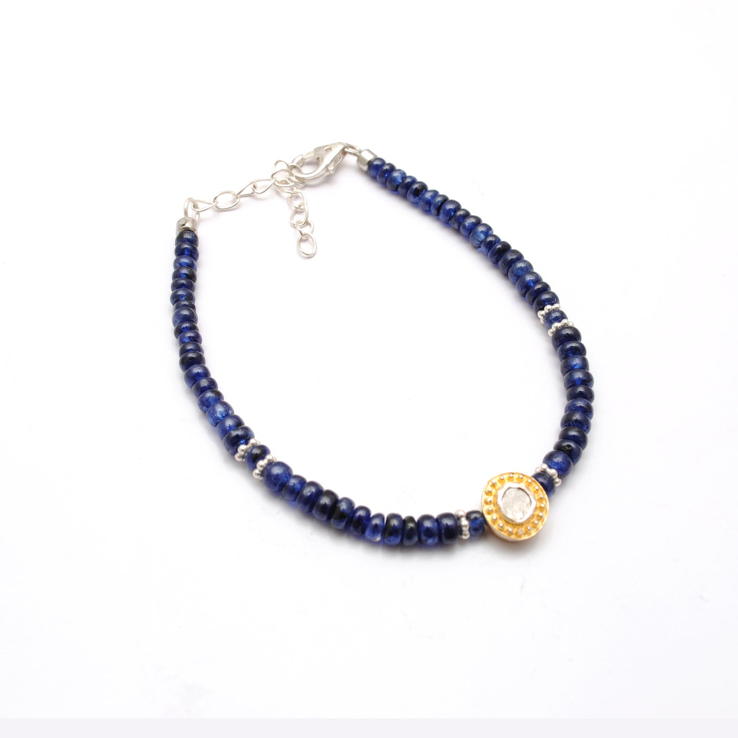 4mm Blue Sapphire and Diamond Bead Bracelet – Handmade Sterling Silver Jewelry