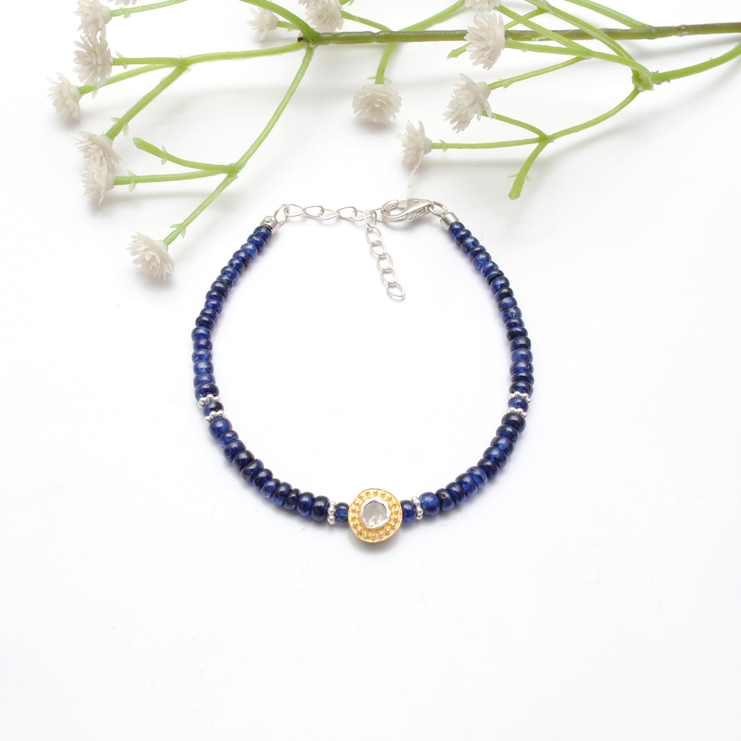 4mm Blue Sapphire and Diamond Bead Bracelet – Handmade Sterling Silver Jewelry