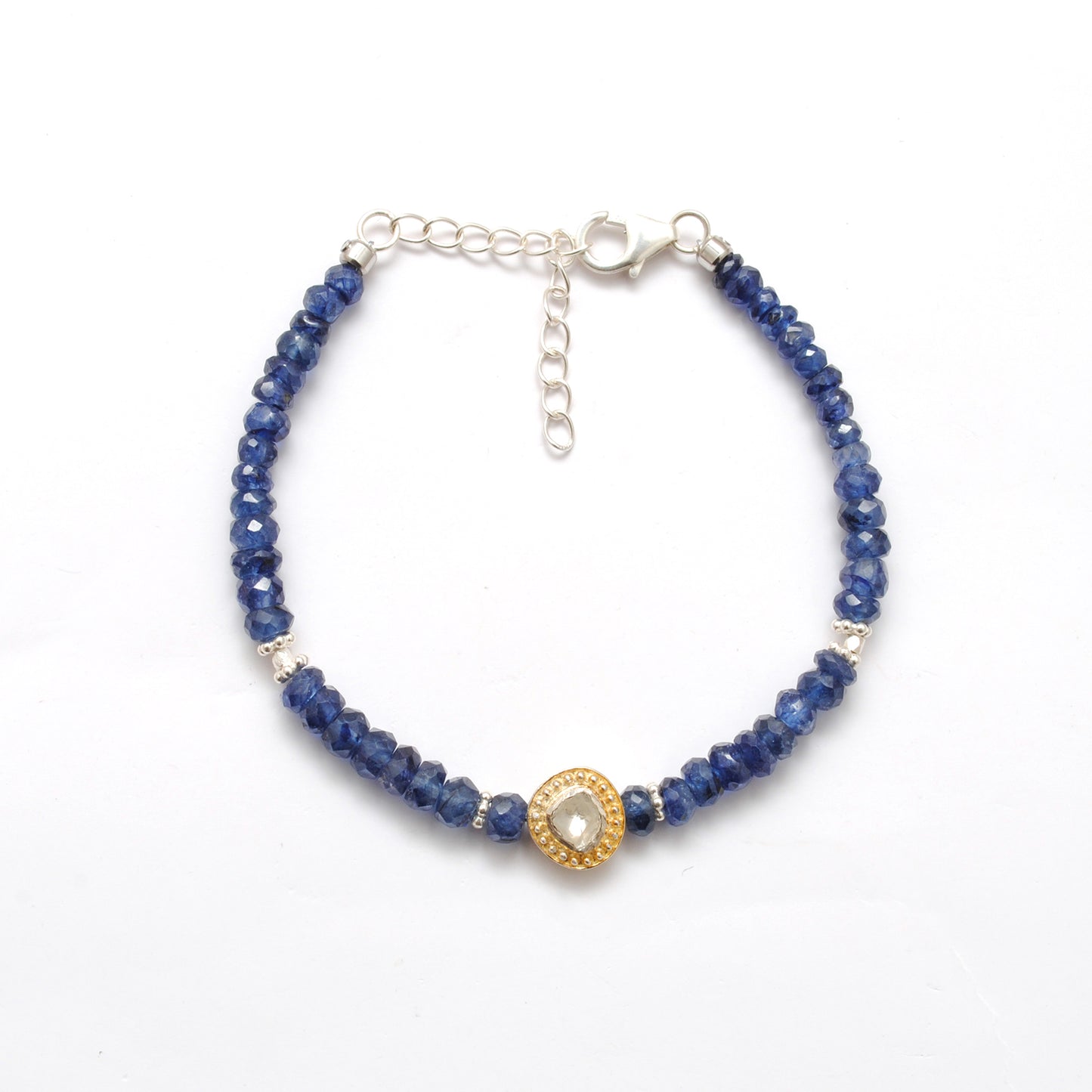 Blue Sapphire Beaded Bracelet with Diamond Charm – Sterling Silver, 8 Inch