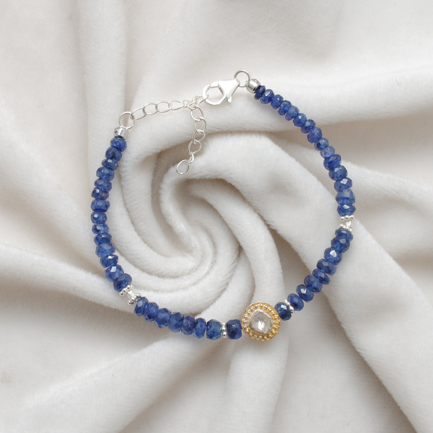 Blue Sapphire Beaded Bracelet with Diamond Charm – Sterling Silver, 8 Inch