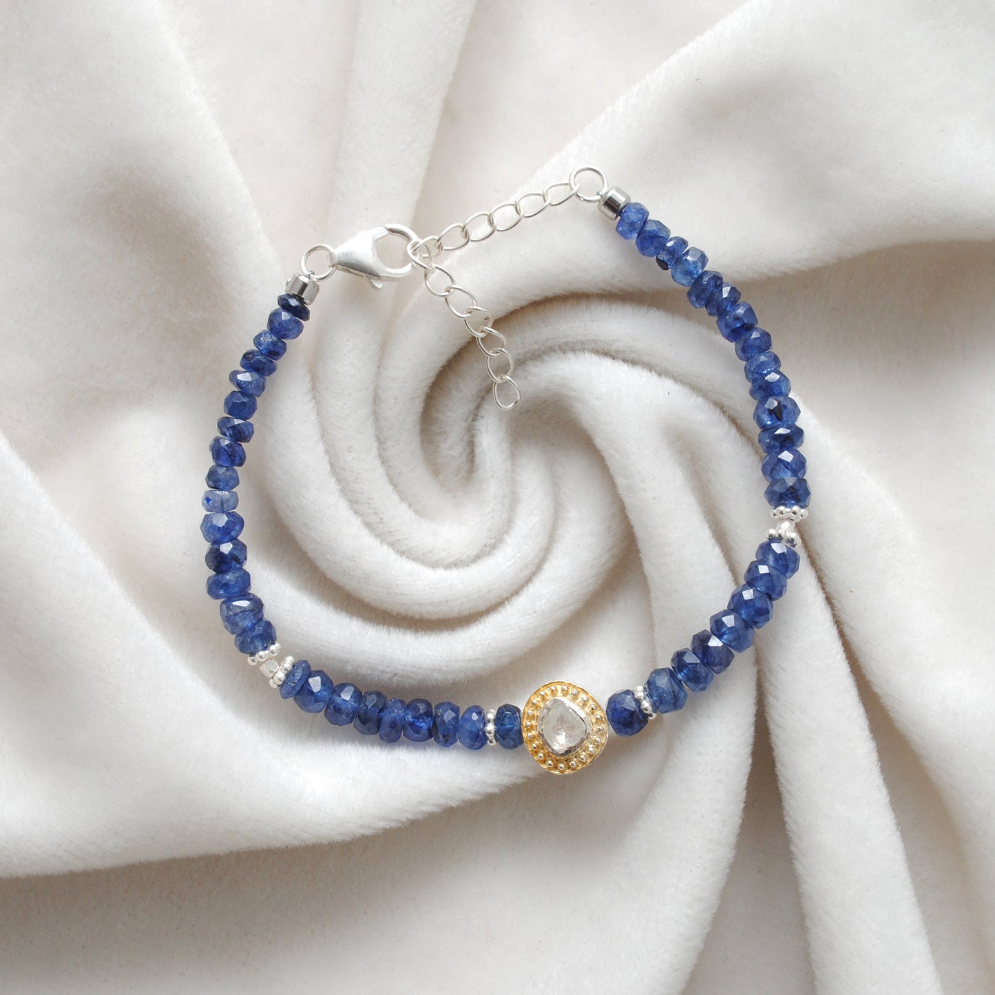 Blue Sapphire Beaded Bracelet with Diamond Charm – Sterling Silver, 8 Inch