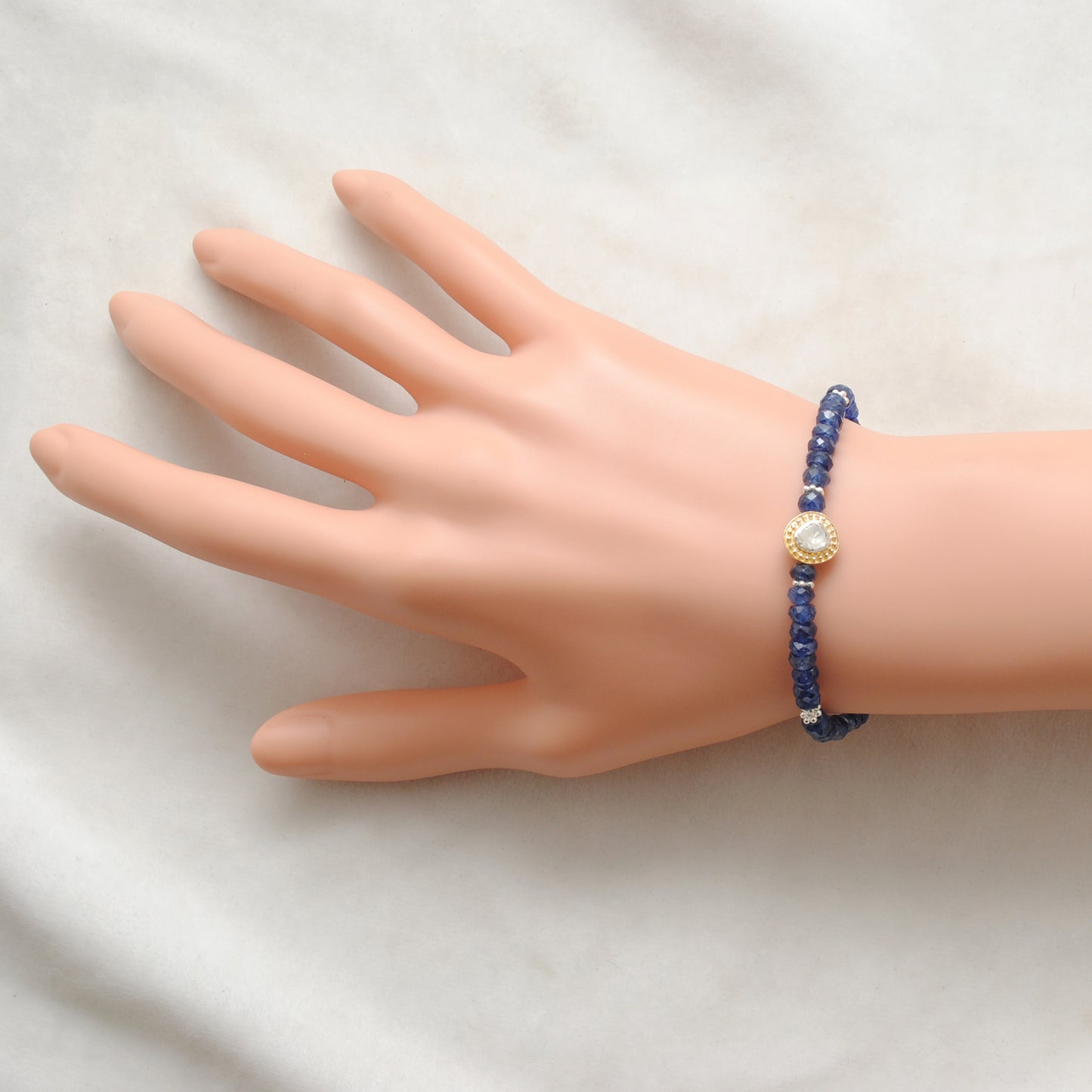 Blue Sapphire Beaded Bracelet with Diamond Charm – Sterling Silver, 8 Inch