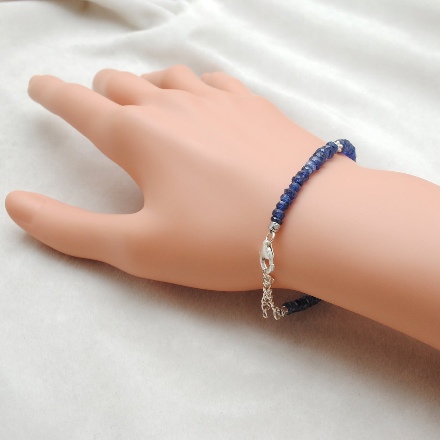 Blue Sapphire Beaded Bracelet with Diamond Charm – Sterling Silver, 8 Inch