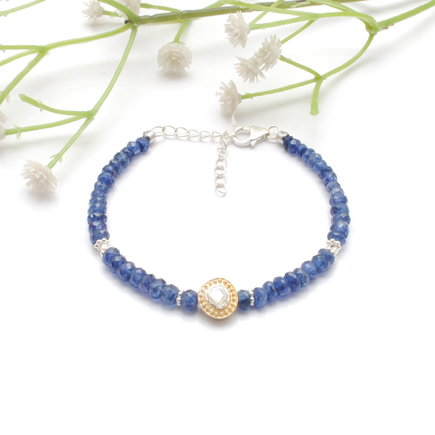 Blue Sapphire Beaded Bracelet with Diamond Charm – Sterling Silver, 8 Inch