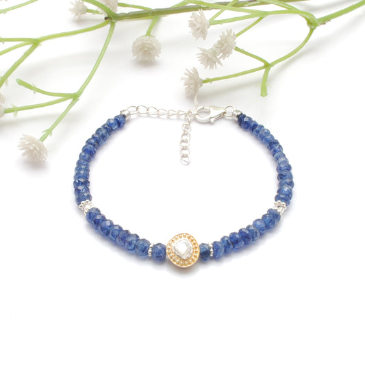 Blue Sapphire Beaded Bracelet with Diamond Charm – Sterling Silver, 8 Inch