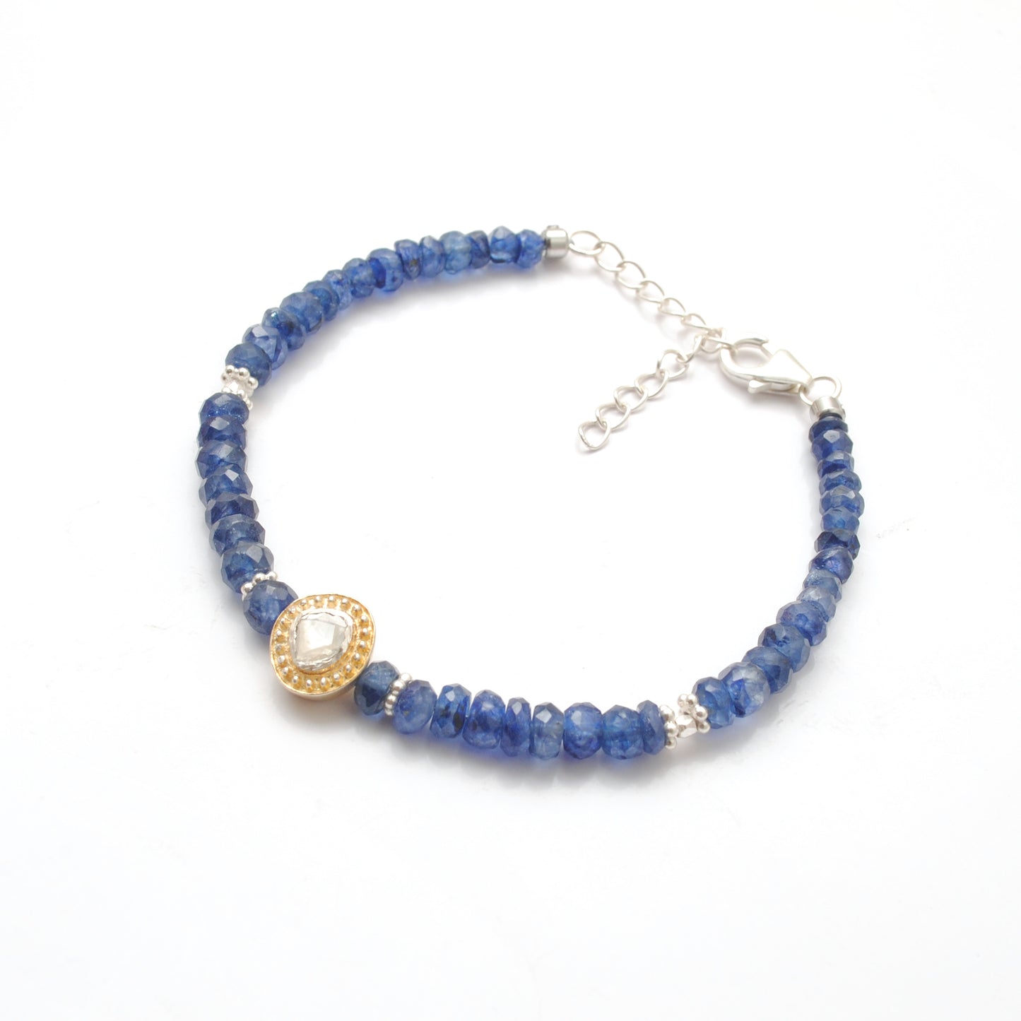 Blue Sapphire Beaded Bracelet with Diamond Charm – Sterling Silver, 8 Inch