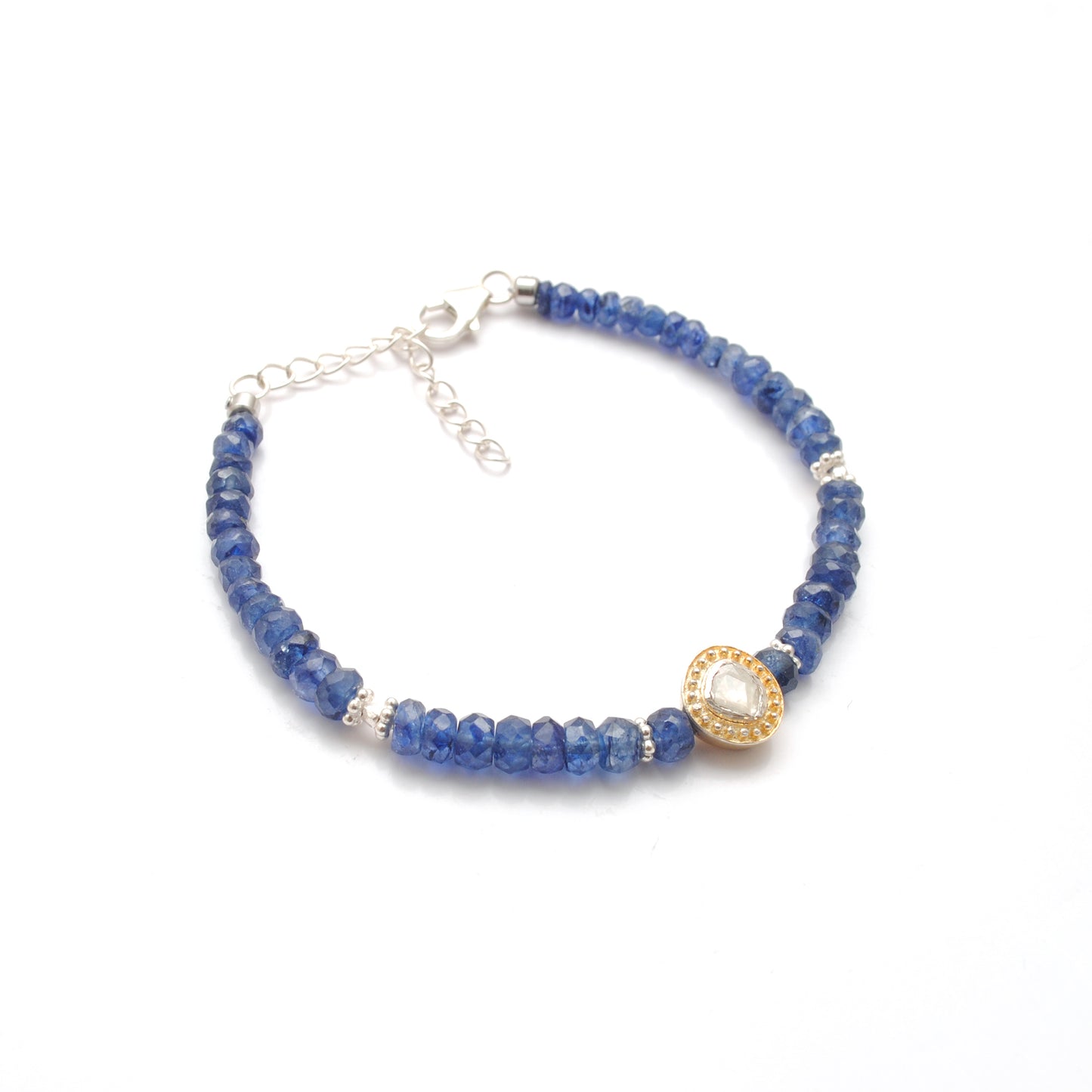 Blue Sapphire Beaded Bracelet with Diamond Charm – Sterling Silver, 8 Inch