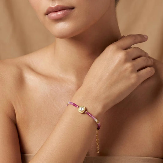 Ombre Ruby Beaded Bracelet | Diamond Charm Sterling Silver Women's Jewelry