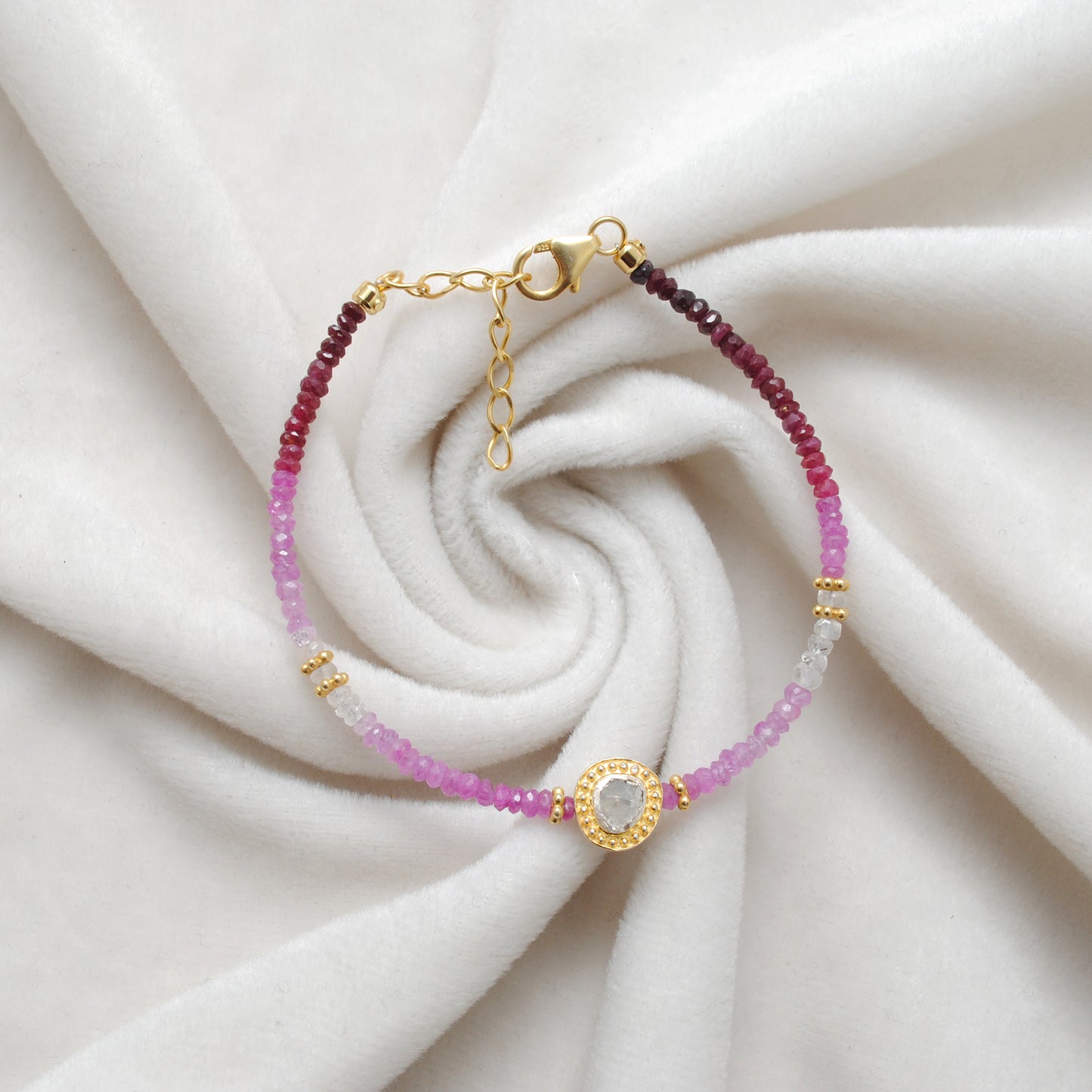 Ombre Ruby Beaded Bracelet | Diamond Charm Sterling Silver Women's Jewelry
