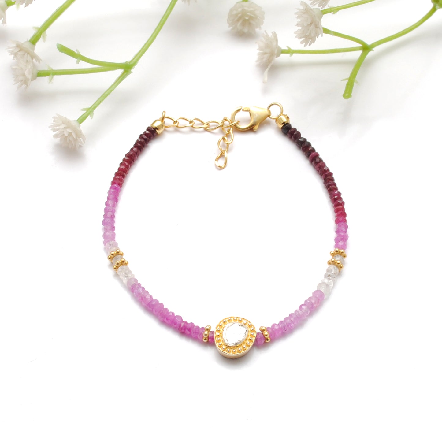 Ombre Ruby Beaded Bracelet | Diamond Charm Sterling Silver Women's Jewelry