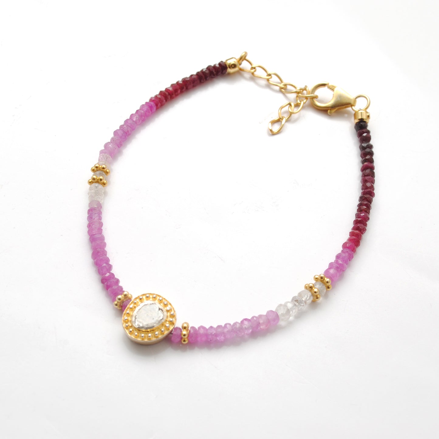 Ombre Ruby Beaded Bracelet | Diamond Charm Sterling Silver Women's Jewelry