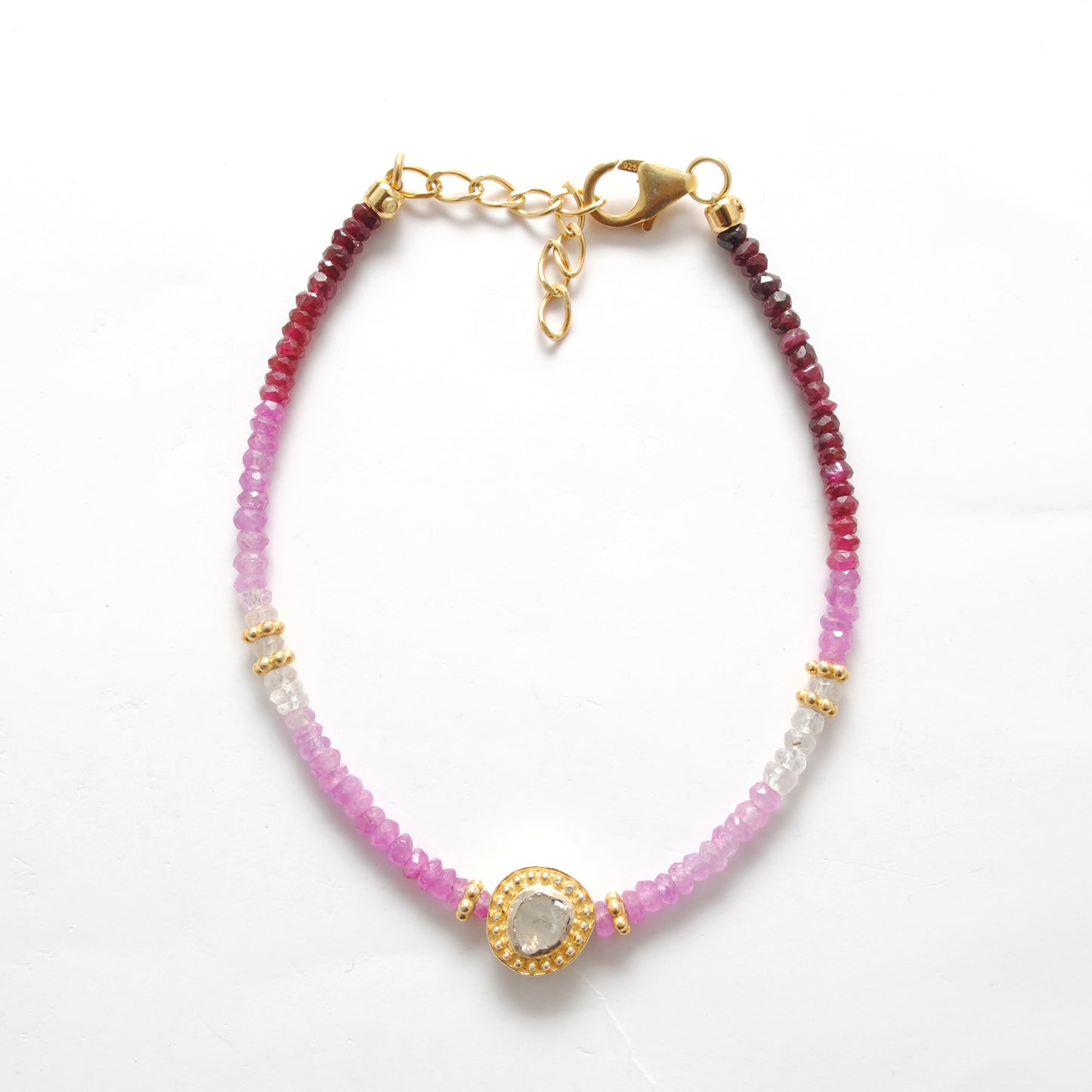 Ombre Ruby Beaded Bracelet | Diamond Charm Sterling Silver Women's Jewelry