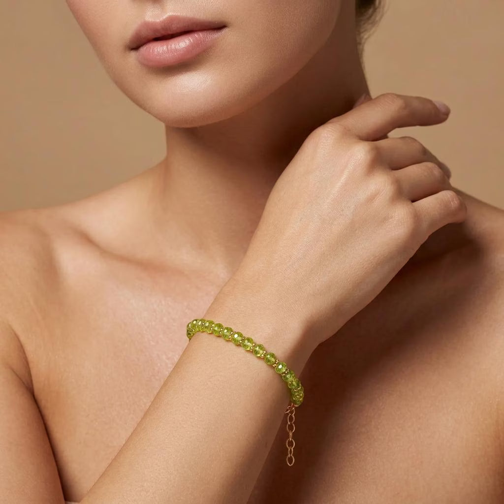 Natural Peridot Beaded Bracelet – Gold Plated 925 Silver, August Birthstone