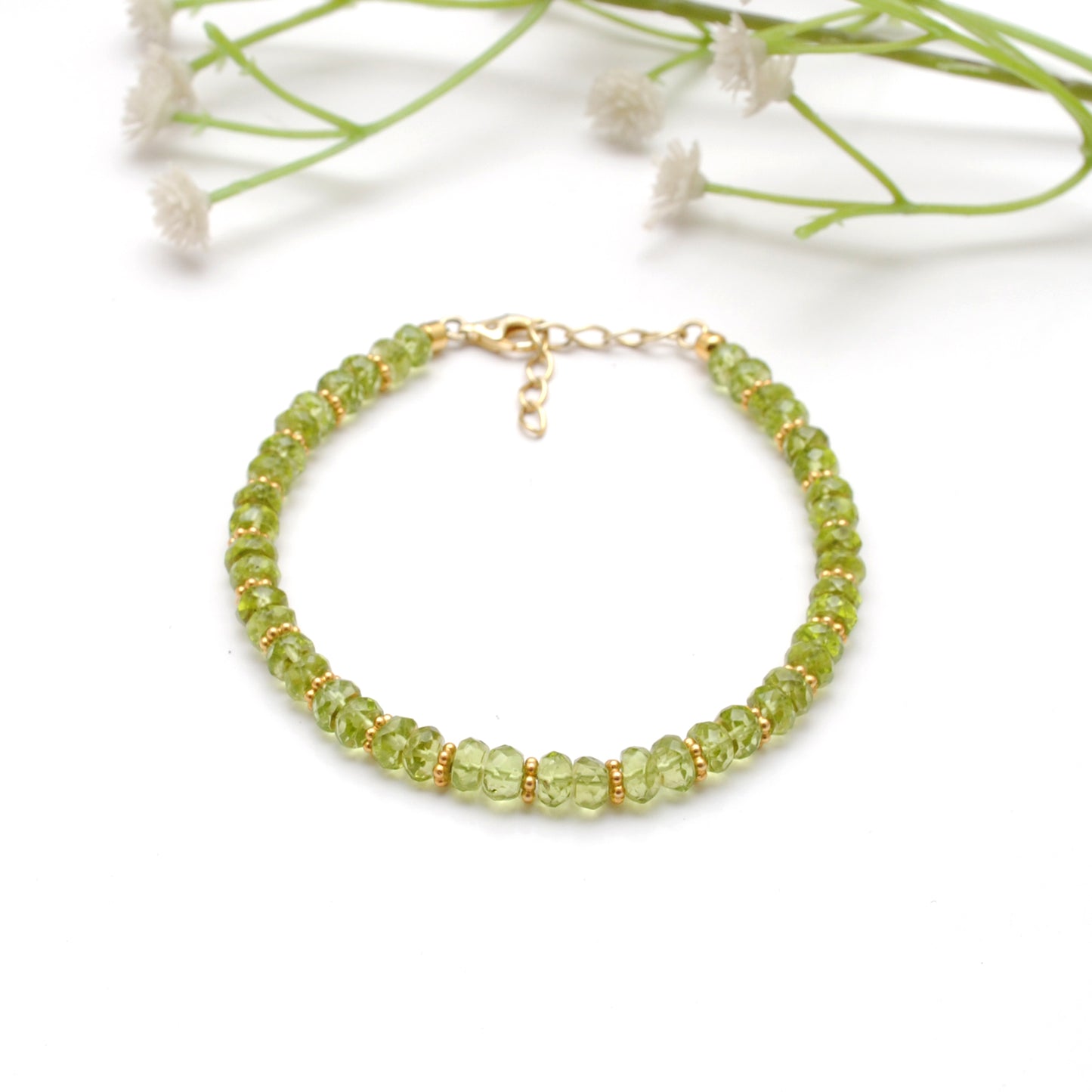 Natural Peridot Beaded Bracelet – Gold Plated 925 Silver, August Birthstone