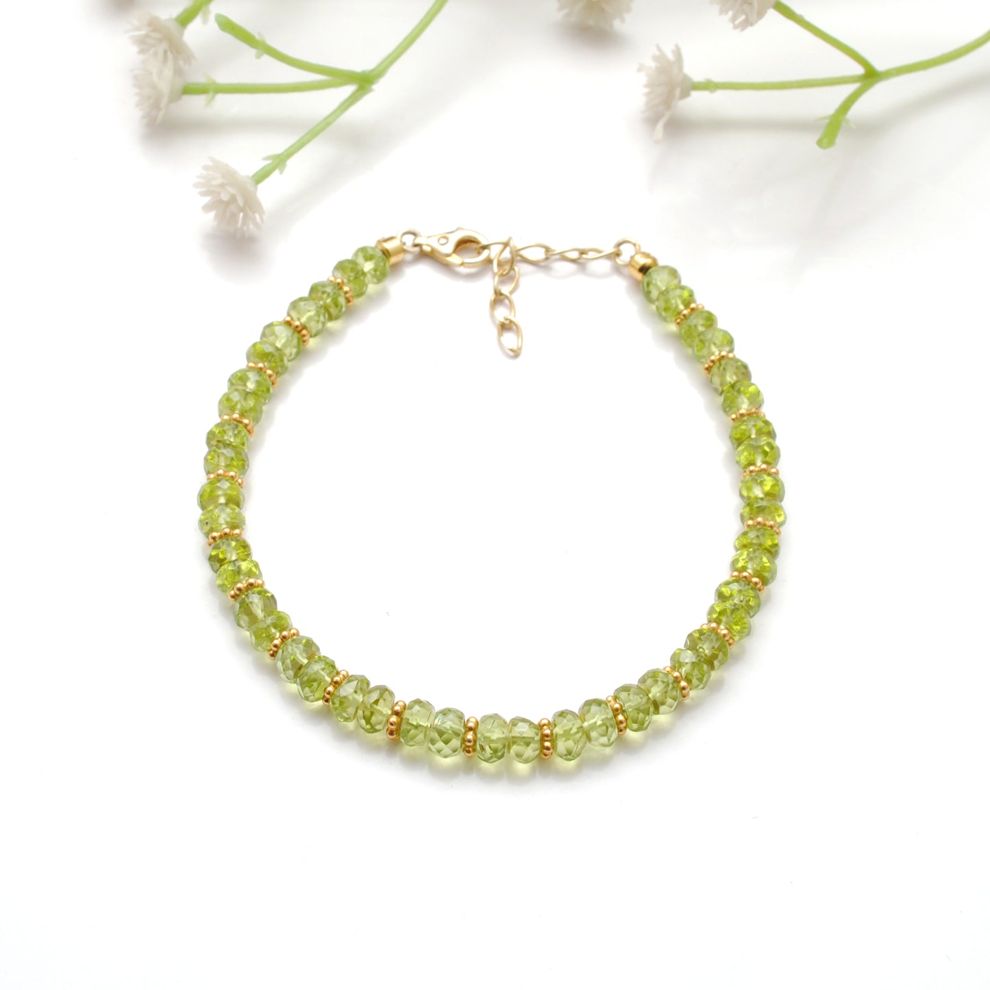 Natural Peridot Beaded Bracelet – Gold Plated 925 Silver, August Birthstone