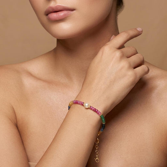 Ruby, Emerald & Sapphire Beaded Bracelet – 925 Gold Plated Sterling Silver with Pearls