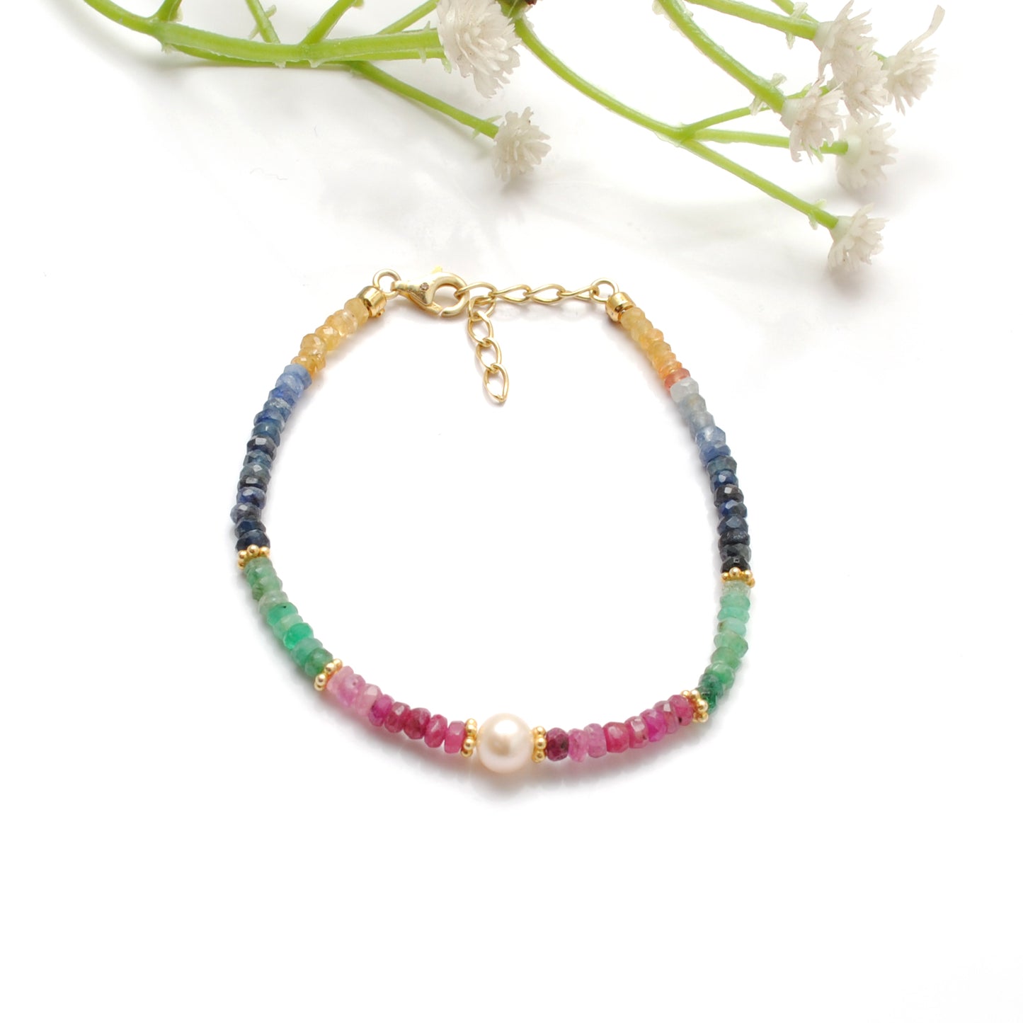 Ruby, Emerald & Sapphire Beaded Bracelet – 925 Gold Plated Sterling Silver with Pearls