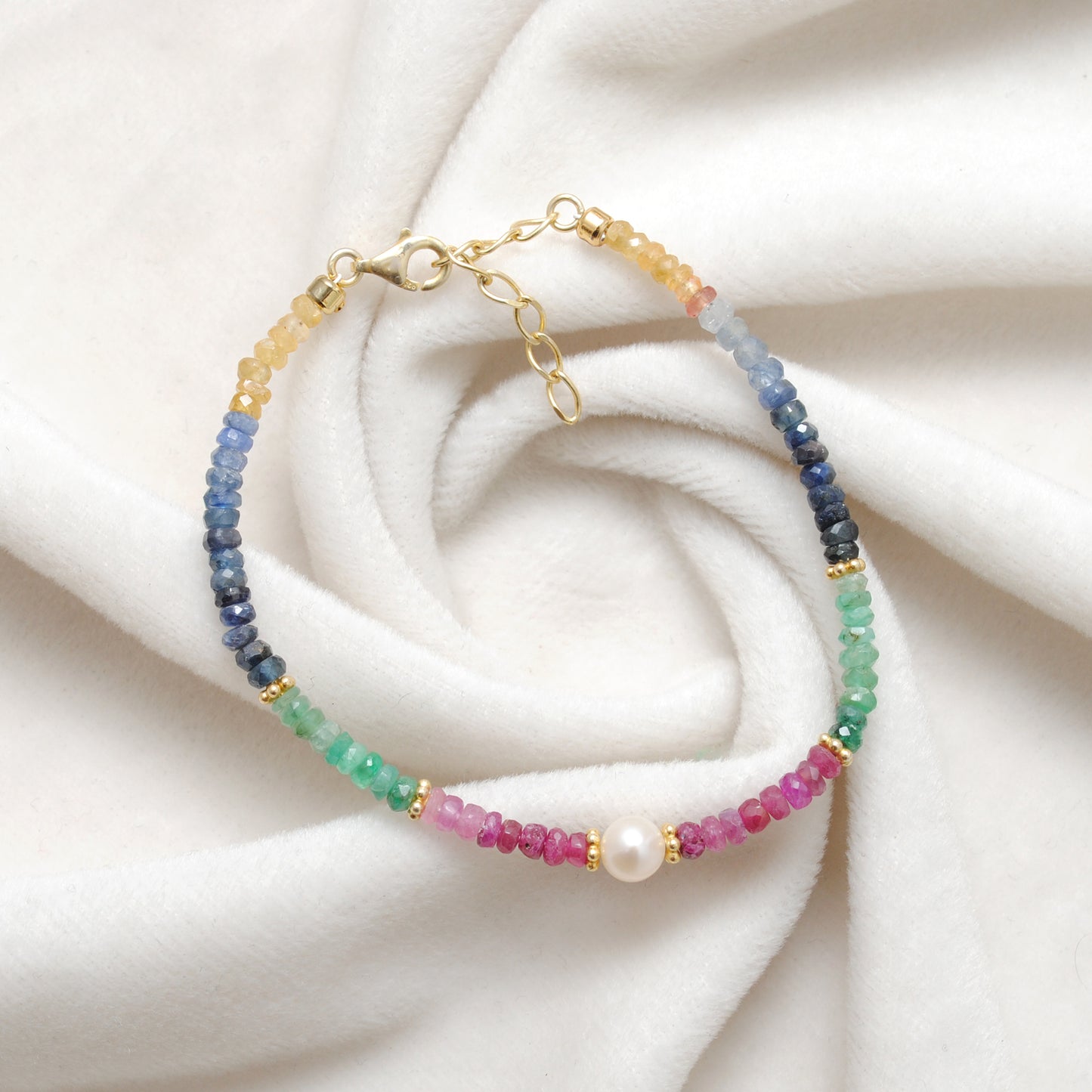 Ruby, Emerald & Sapphire Beaded Bracelet – 925 Gold Plated Sterling Silver with Pearls