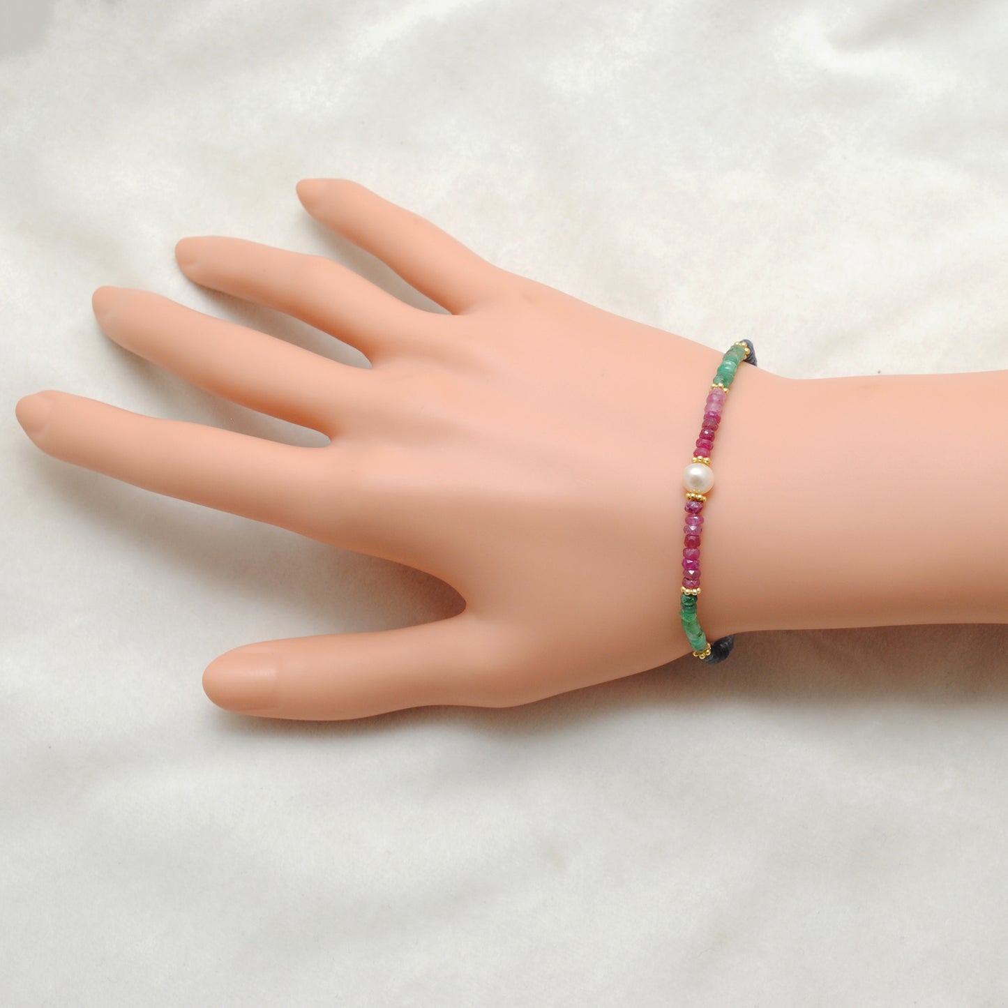 Ruby, Emerald & Sapphire Beaded Bracelet – 925 Gold Plated Sterling Silver with Pearls