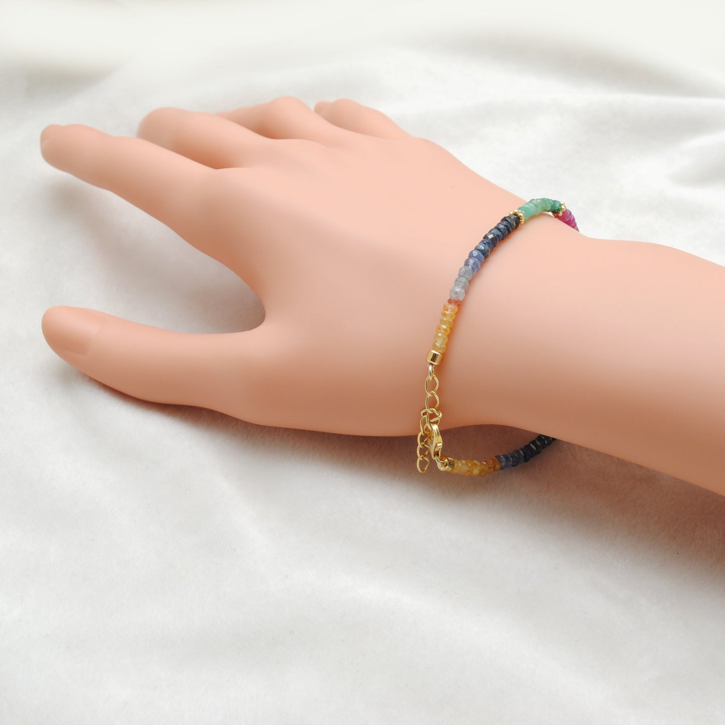 Ruby, Emerald & Sapphire Beaded Bracelet – 925 Gold Plated Sterling Silver with Pearls