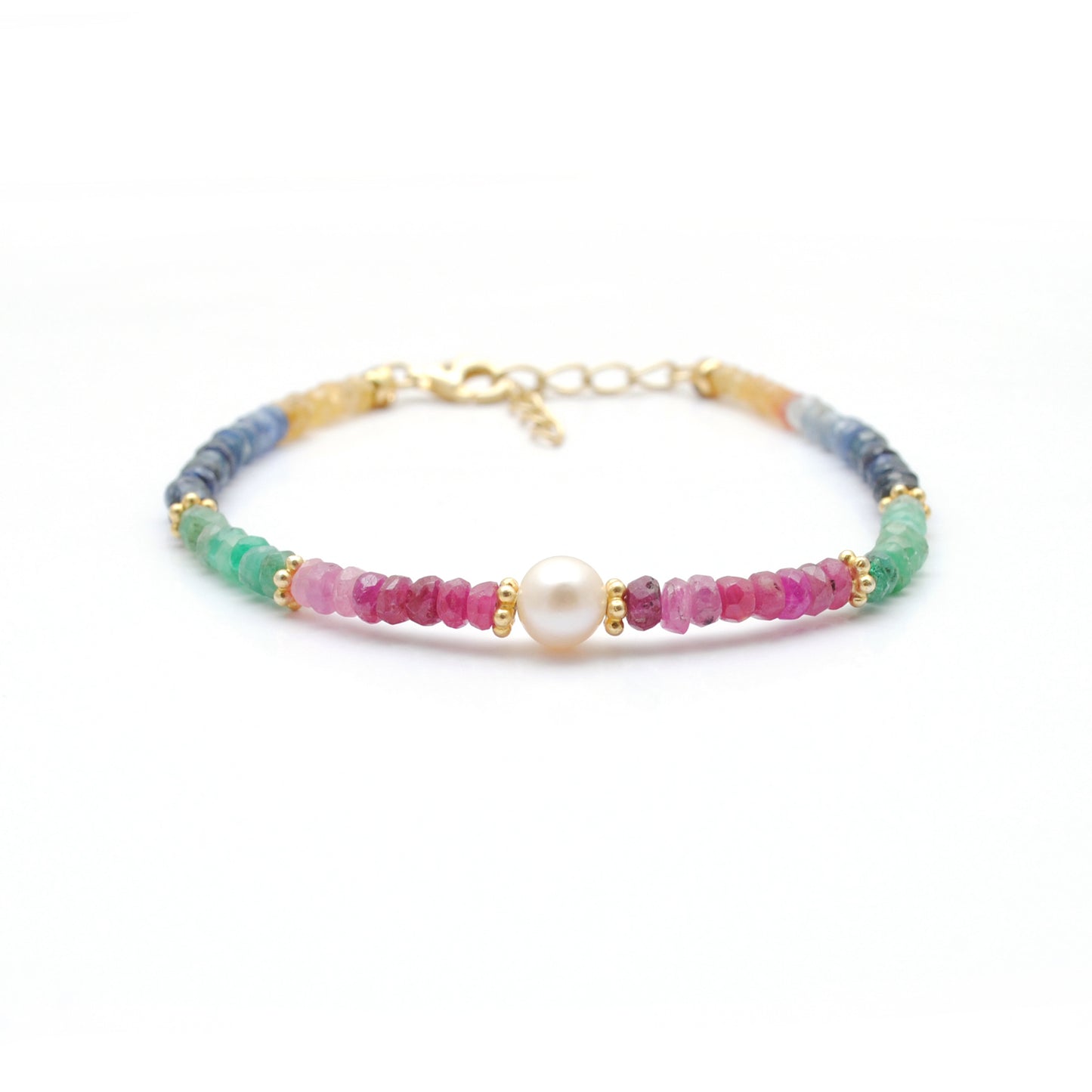 Ruby, Emerald & Sapphire Beaded Bracelet – 925 Gold Plated Sterling Silver with Pearls