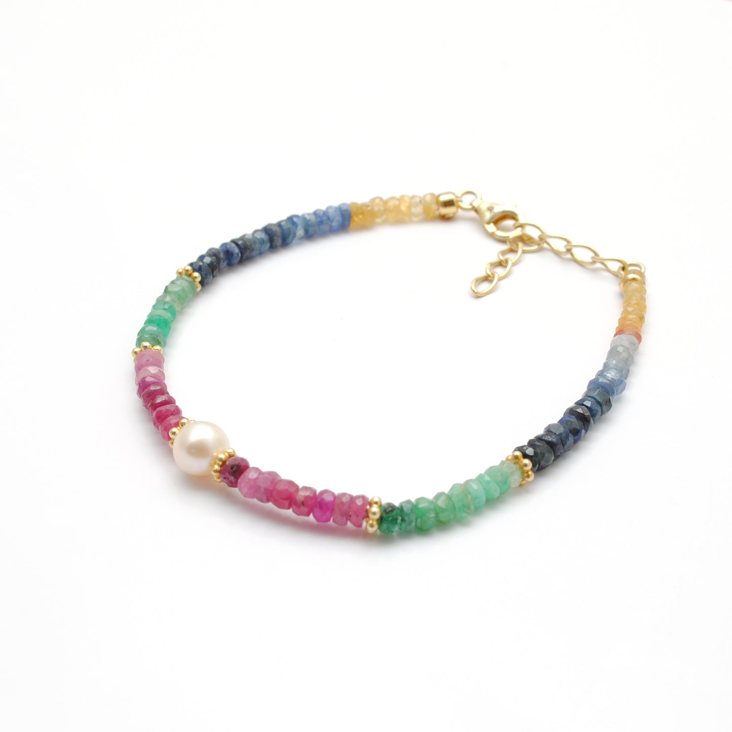 Ruby, Emerald & Sapphire Beaded Bracelet – 925 Gold Plated Sterling Silver with Pearls