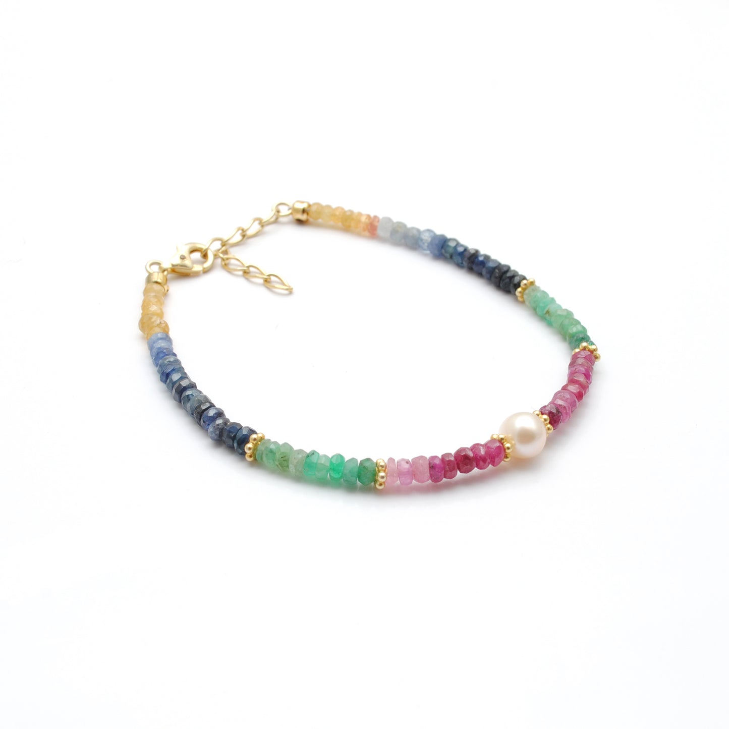 Ruby, Emerald & Sapphire Beaded Bracelet – 925 Gold Plated Sterling Silver with Pearls