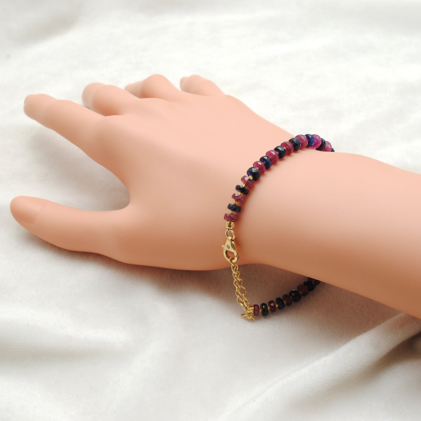 Blue Sapphire & Ruby Beaded Bracelet – 925 Gold Plated Silver