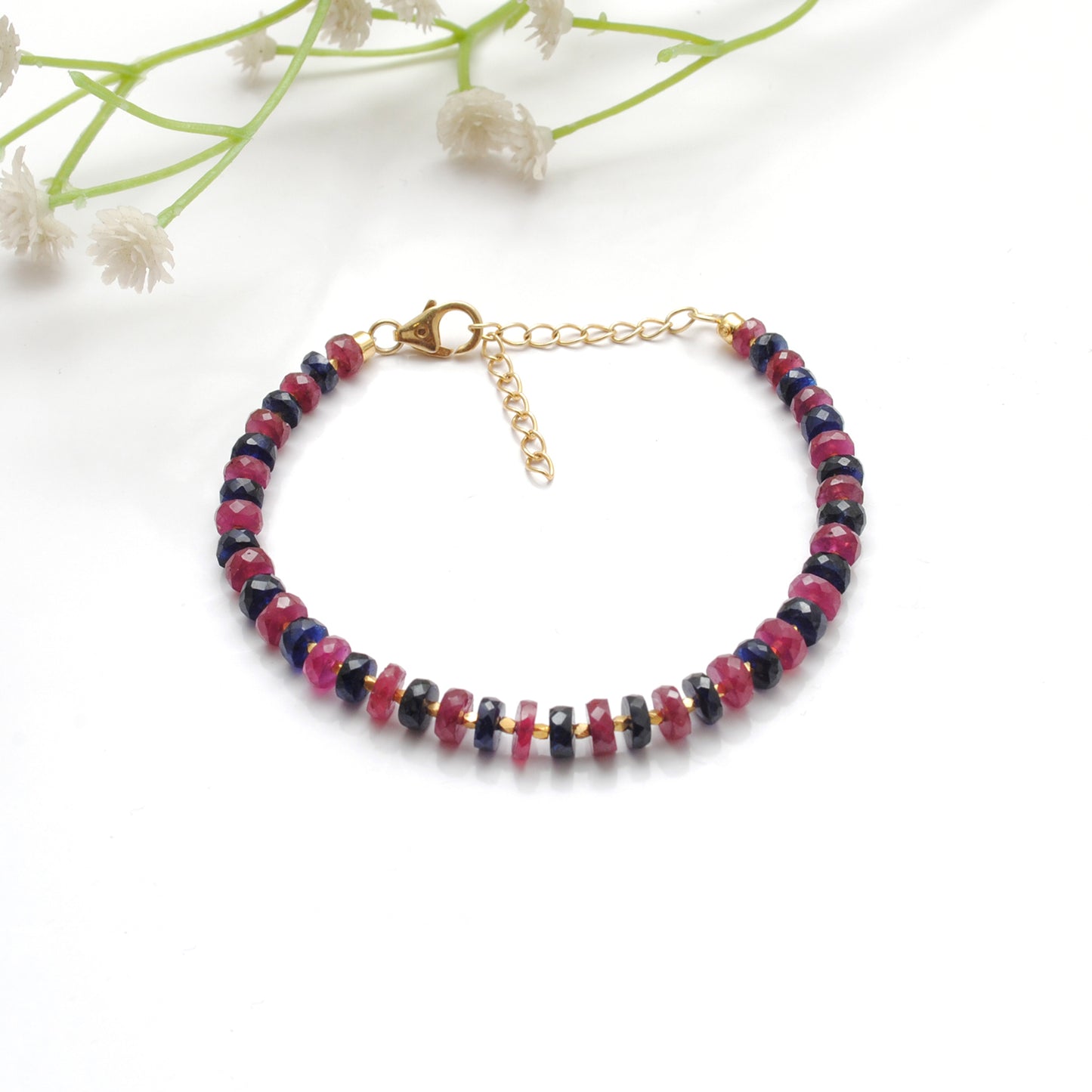 Blue Sapphire & Ruby Beaded Bracelet – 925 Gold Plated Silver