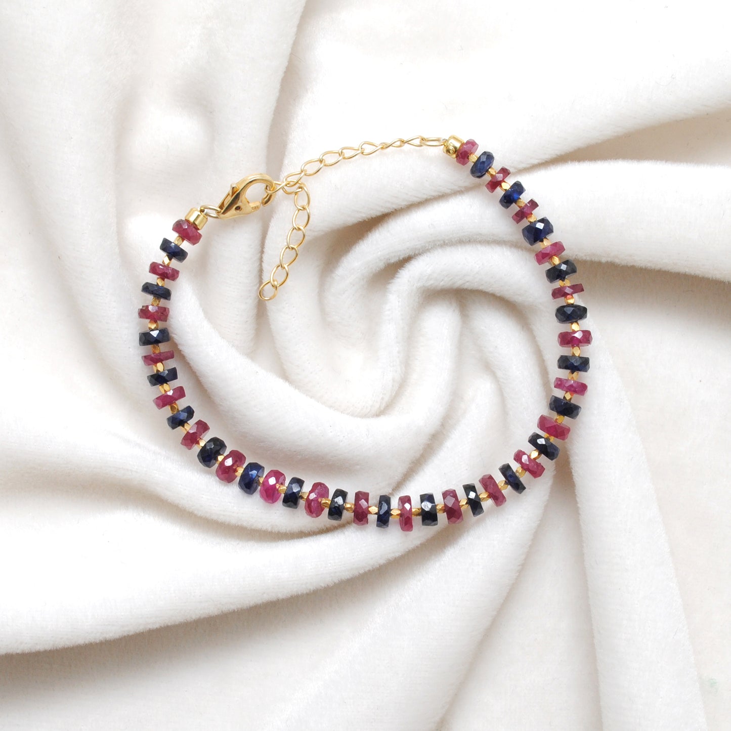 Blue Sapphire & Ruby Beaded Bracelet – 925 Gold Plated Silver